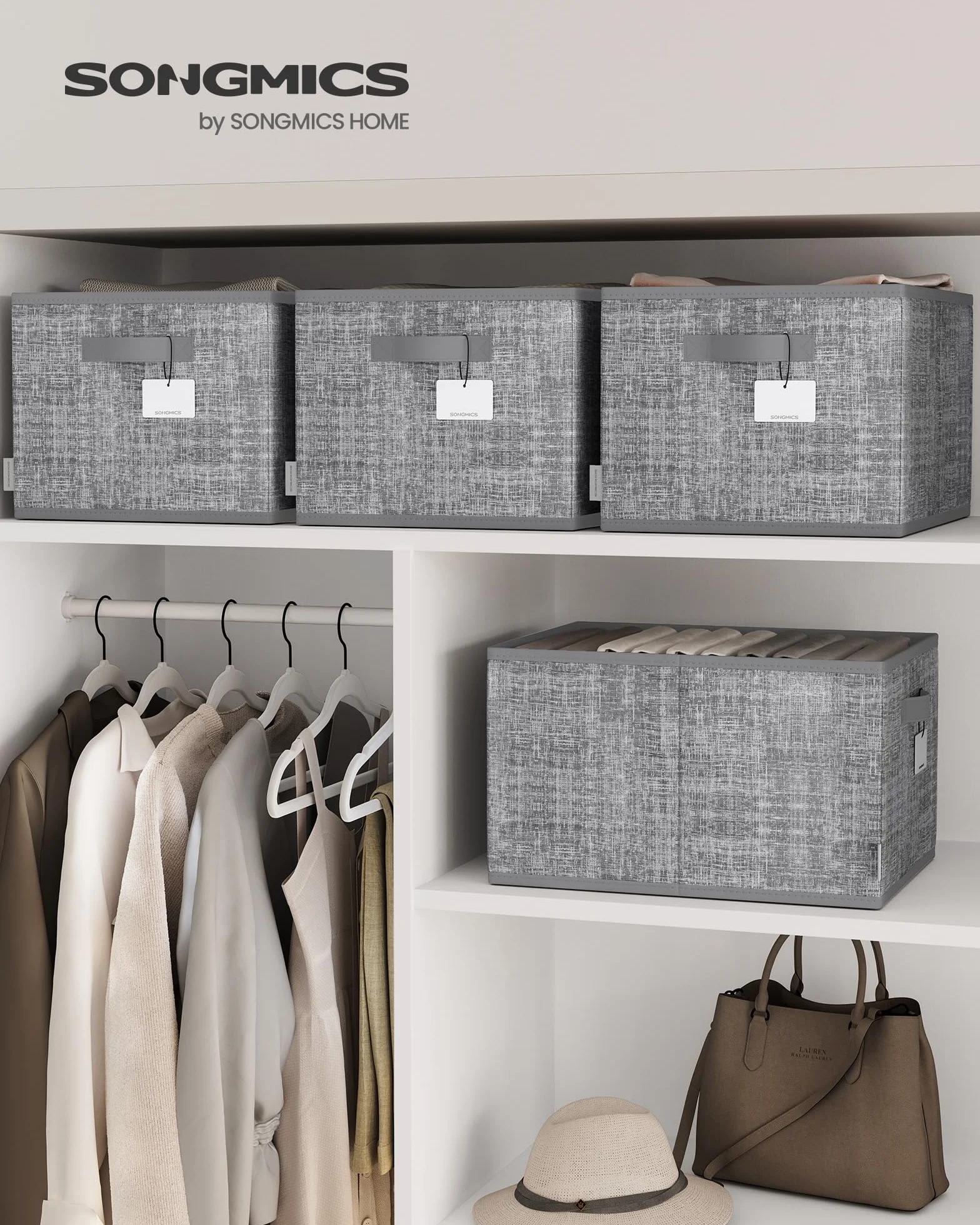 SONGMICS Scatole Portaoggetti Pieghevoli Set di 3 40 x 30 x 24 cm Organizzatori per Armadio Grigio Giunco