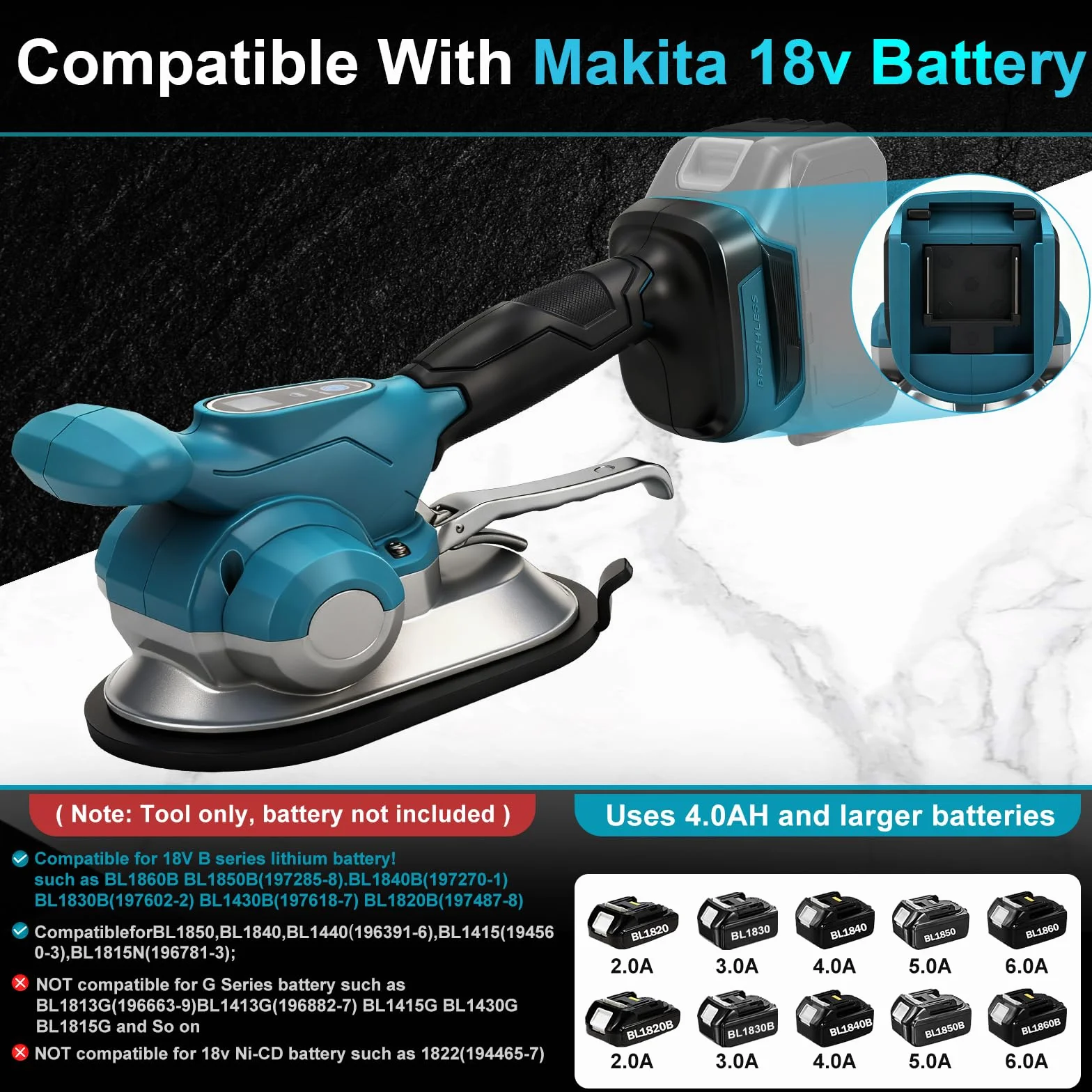 Batteria vibrante per piastrelle, compatibile con batteria Makita da 18 V (senza batteria), piastrellista con 6 marce regolabili, ventosa da 20 cm, forza adesiva da 200 kg, display digitale e borsa in