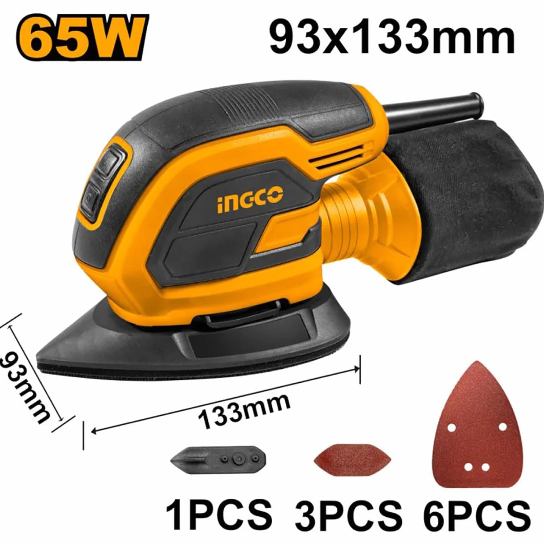 Ingco Ms6505 Levigatrice Palmare Triangolare Elettrica 65 W Con Sacca Raccogli Polvere Integrata e Con Set Di Carta Abrasiva