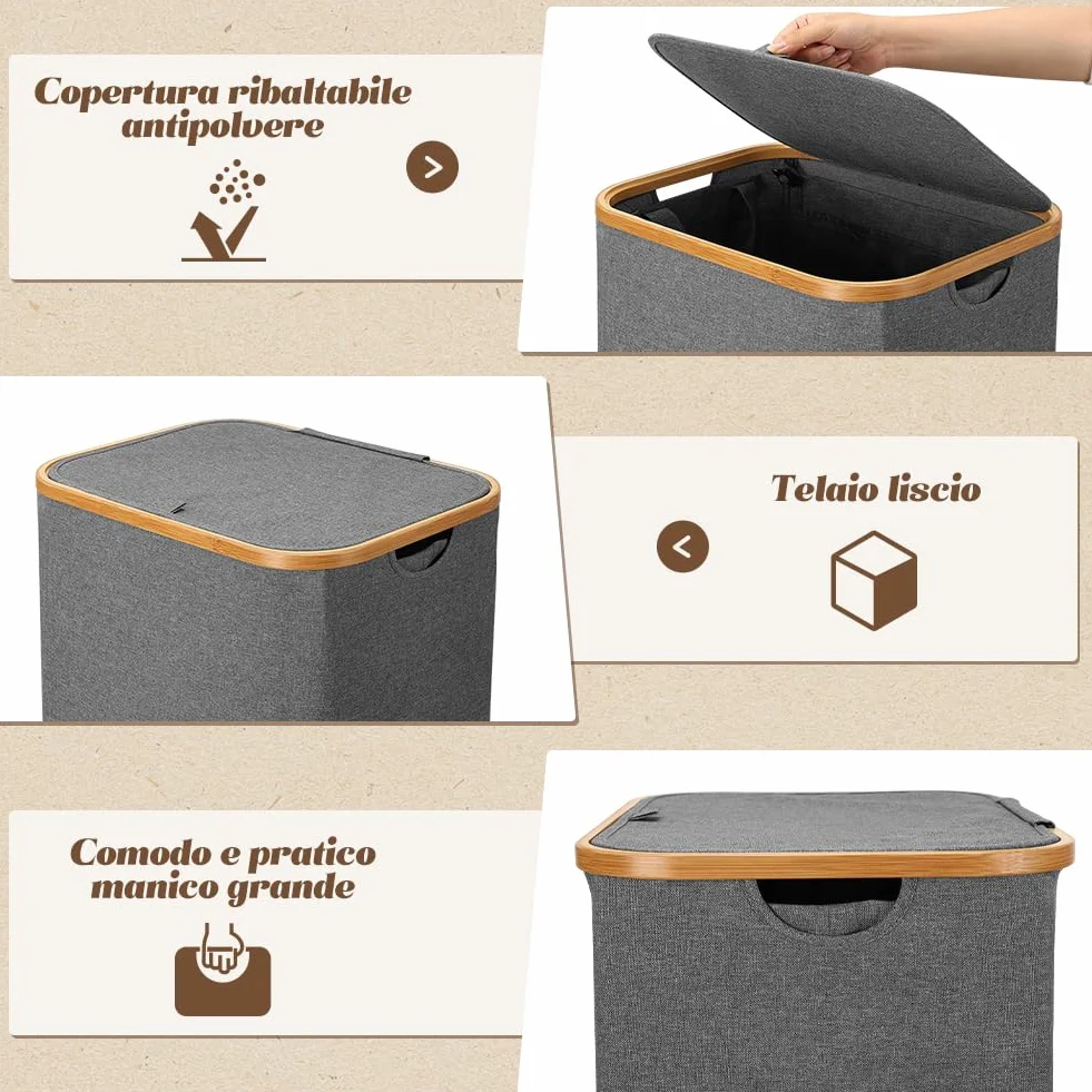 OUSFOT Cesto Portabiancheria Sporca per Bagno Grigio 105L Cesta Portabiancheria in Bambù con Coperchio Porta Biancheria Sporca con Manici Cesto Panni Sporchi