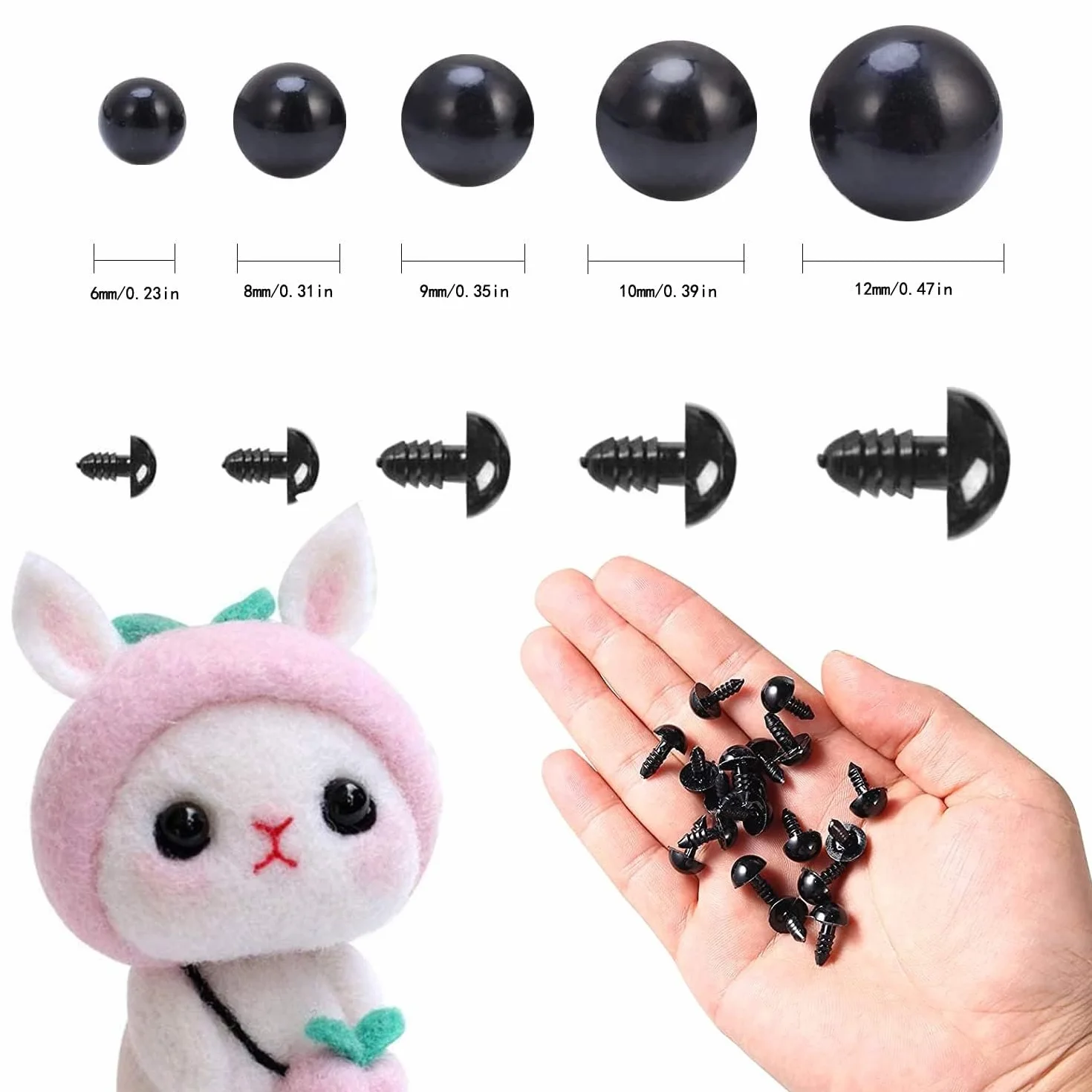 100 occhi di sicurezza per animali all'uncinetto, occhi a bottone in plastica, per bambole, peluche e orsacchiotti, fai da te, 6-12 mm