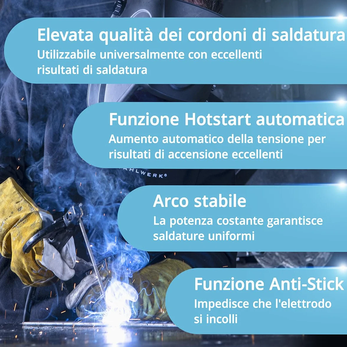 STAHLWERK Saldatrice 2-in-1 combinata DC TIG 200 ST – Funzione TIG & MMA fino a 200 A, innesco HF, Hotstart, adatta per acciaio, inox, rame e ottone, no alluminio