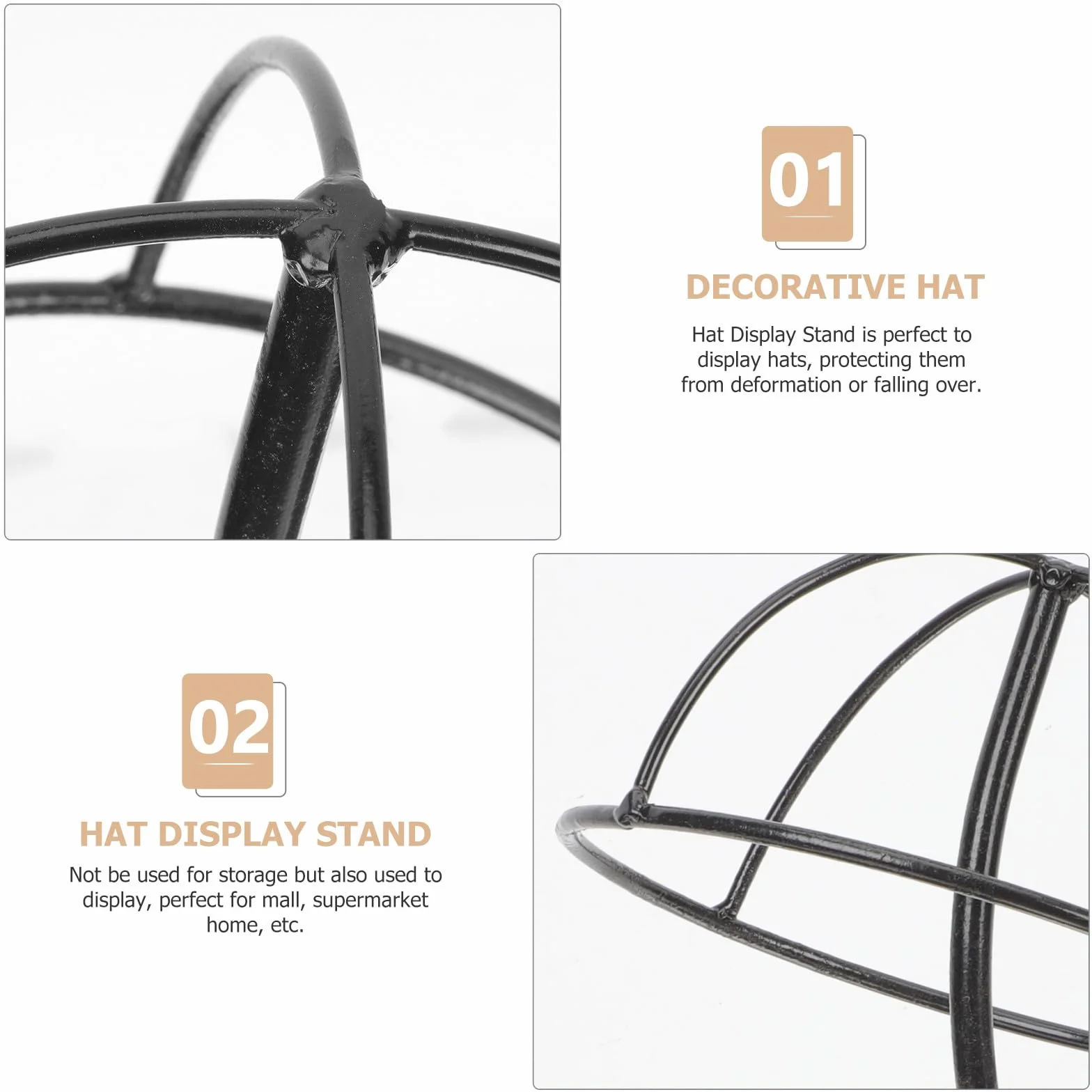 Supporto per Cappelli e Parrucche in Metallo Nero Base Stabile, Espositore da Tavolo per Cappellini Sportivi e Parrucche, per Negozi e Uso Domestico