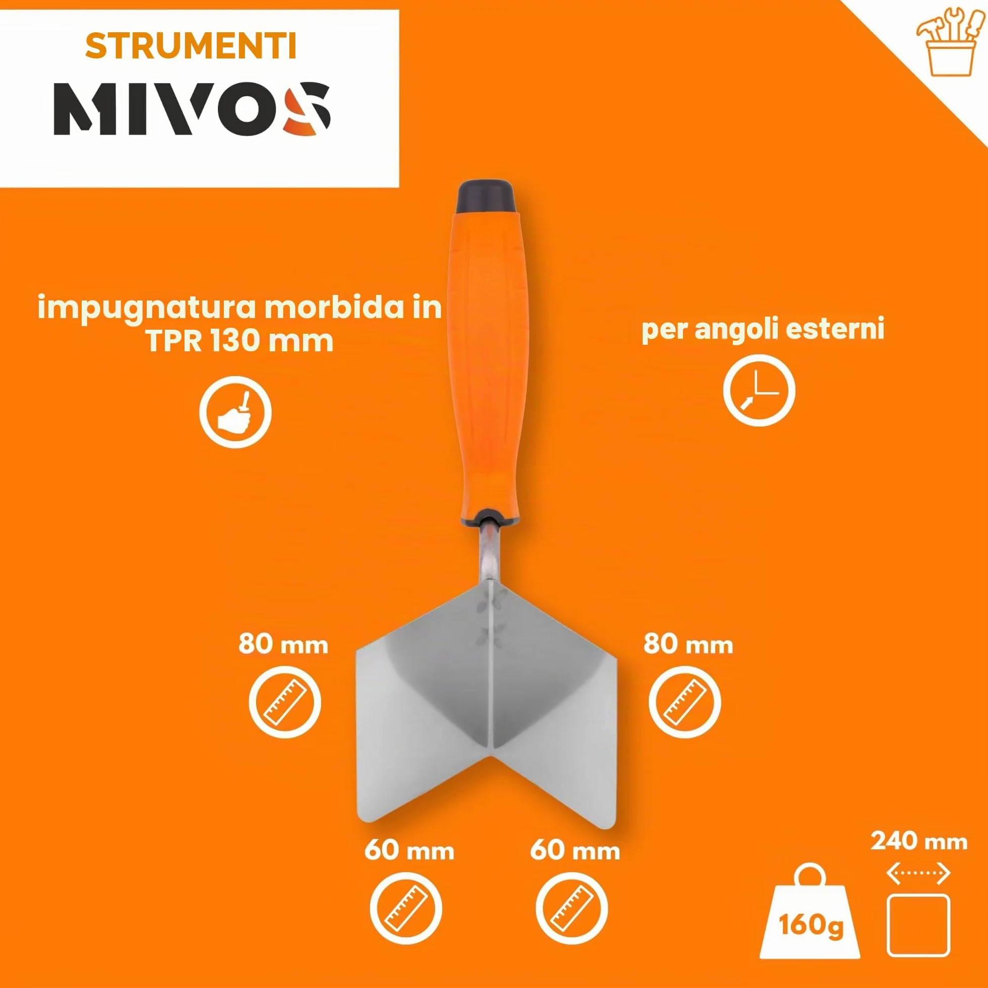 Mivos 2 x Spatole Angolari Antiruggine 80 x 60 mm - Cazzuola Angolare Interna ed Esterna in Acciaio Inox - Cazzuola per Bordi Interni ed Esterni con Impugnatura Morbida - Spatola Angolare per Stucco