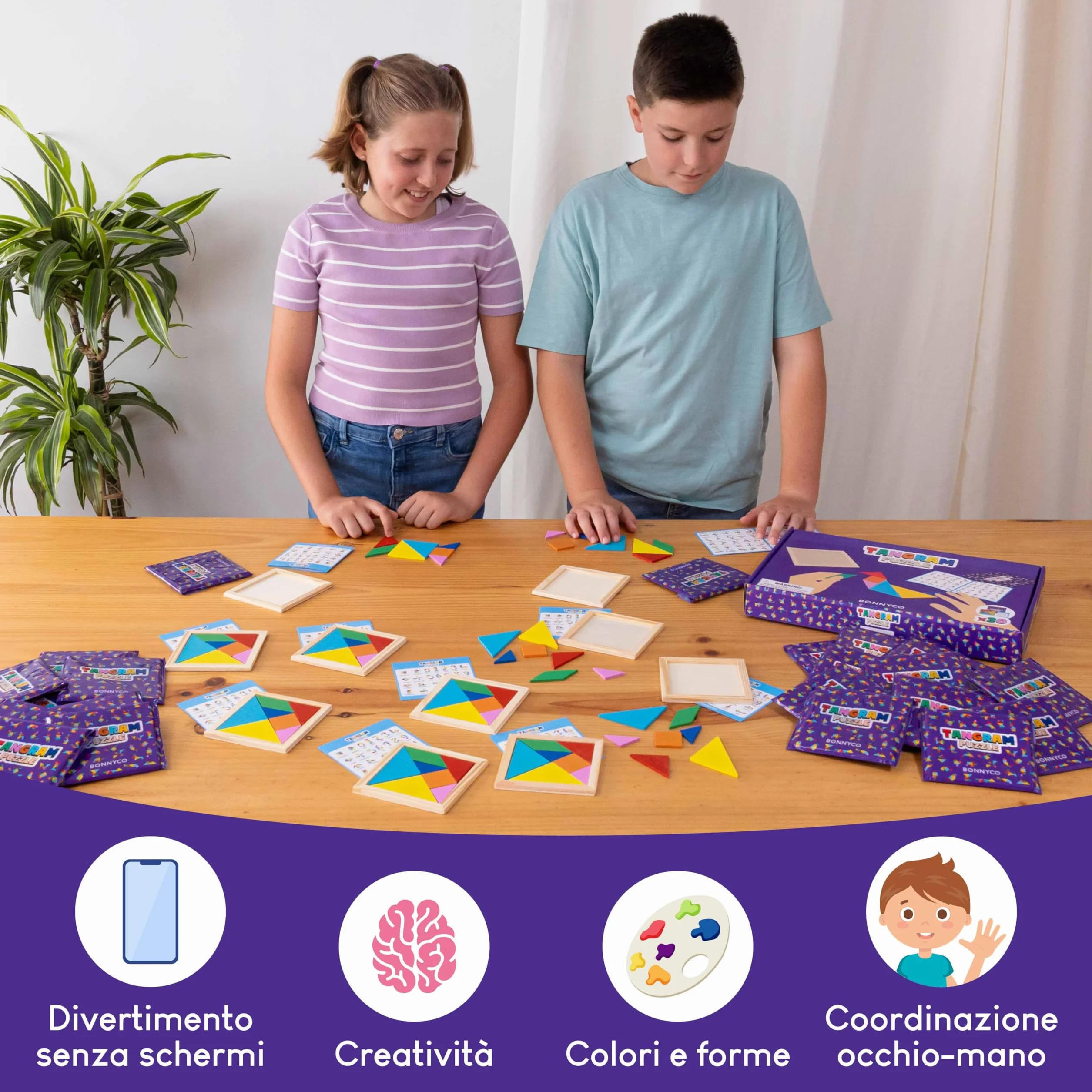 BONNYCO Tangram Legno Bambini Pack 30 Gadget Compleanno Bambini. Mini Giochi Regalini Fine Festa Compleanno, Regalino Fine Festa Invitati. Persierini Giochini per Feste, Mini Puzzle Gadget Scuola