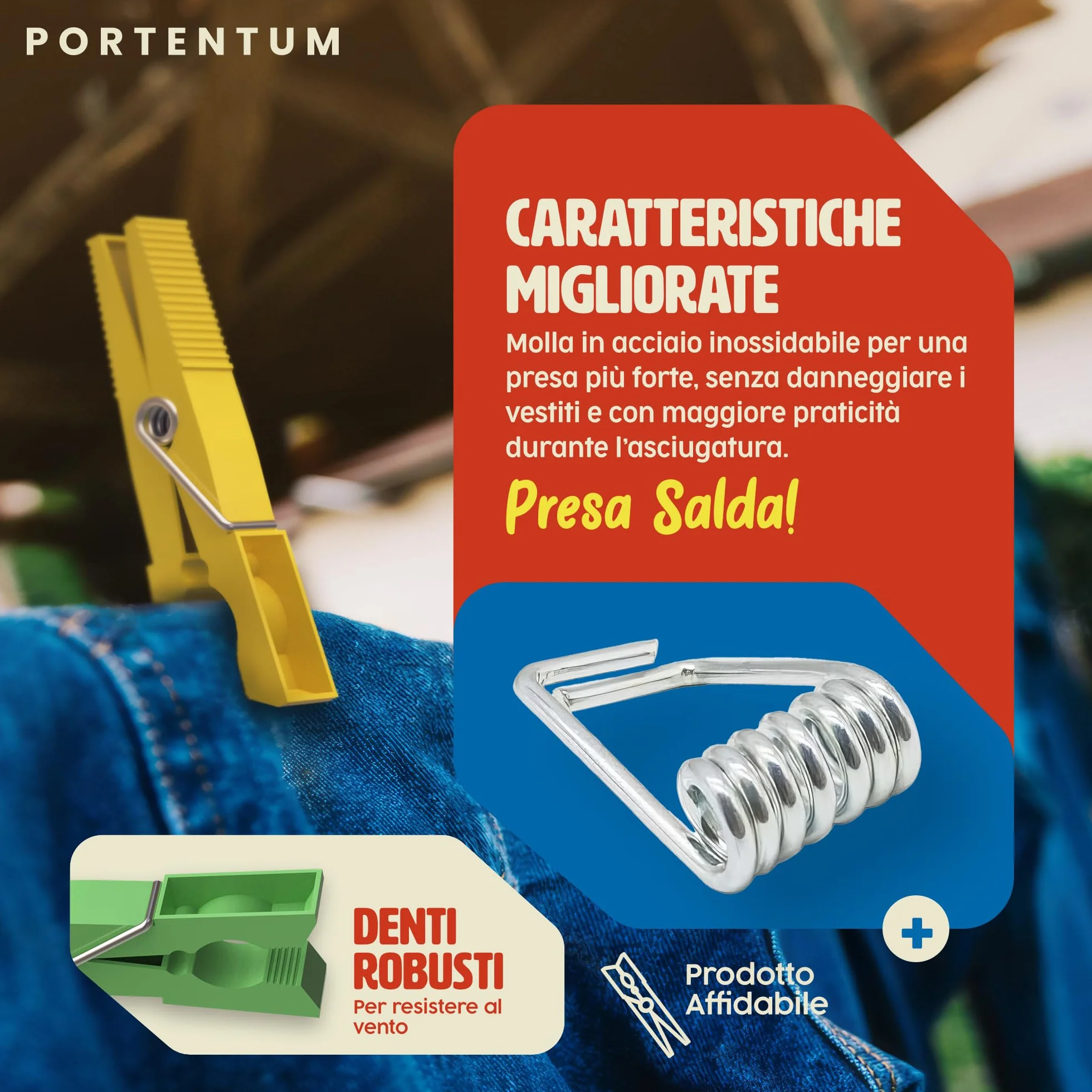 PORTENTUM Mollette in Plastica Riciclata, Confezione da 40, Multicolore - Mollette per Bucato Resistenti all'Esterno, Multiuso e Non Lasciano Segni, Dimensioni 7,5 x 1 x 2 cm
