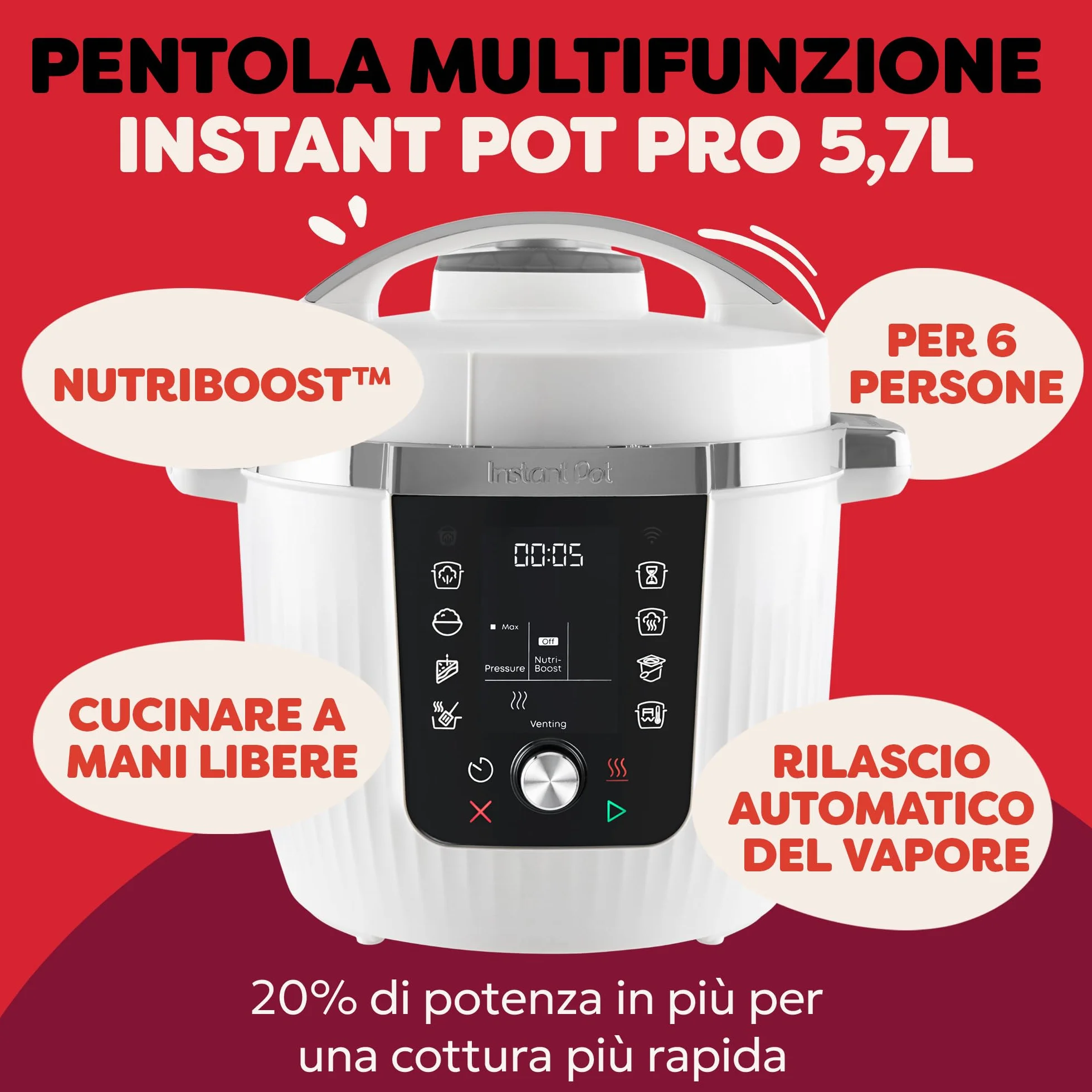 Instant Pot Pro multicooker 10 in 1 da 5,7 l – bianco, pentola a pressione, casseruola, cuoci riso, casseruola, yogurt, scaldavivande sottovuoto, cottura a vapore, NutriBoost, lavabile in