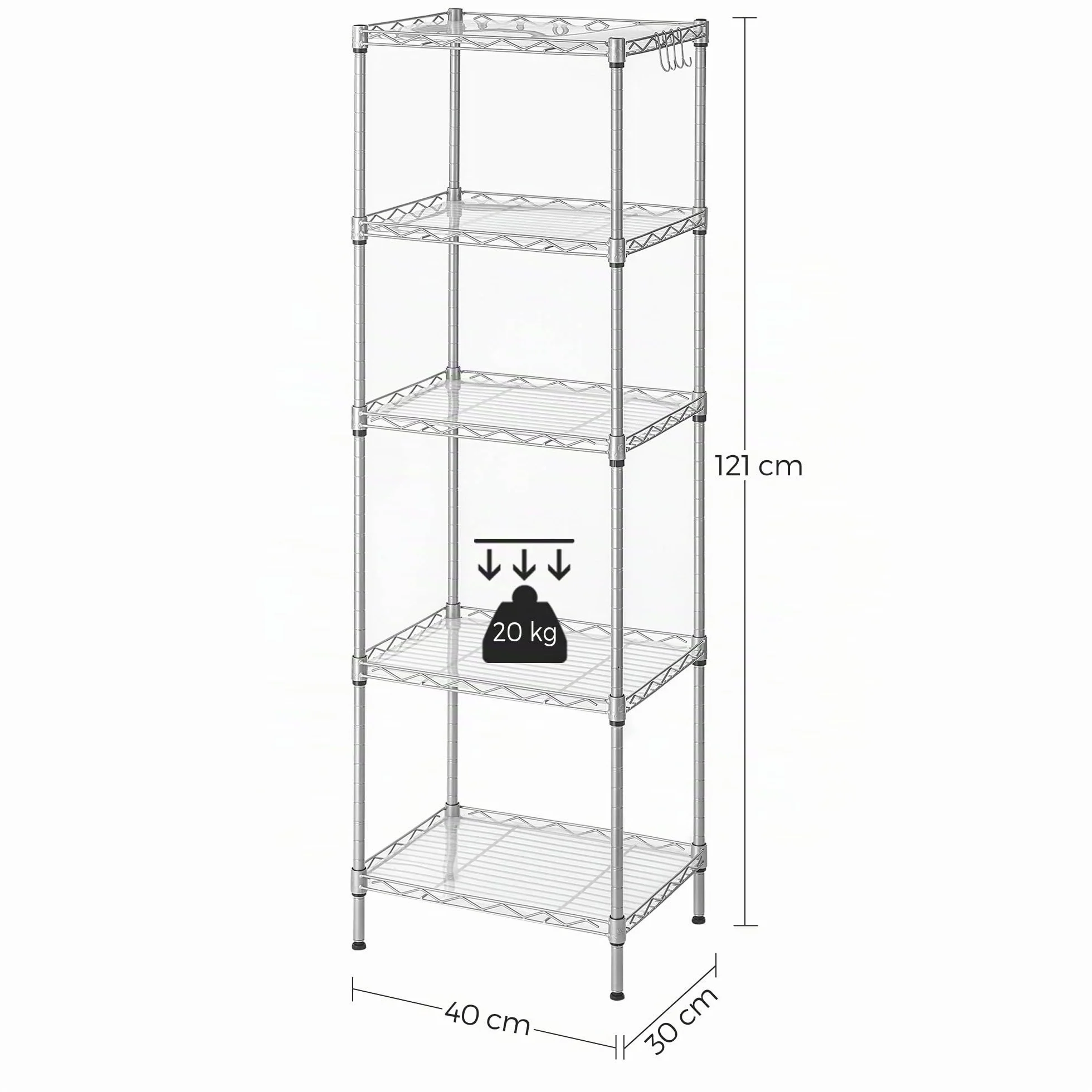 SONGMICS Mensola da cucina, scaffale a 5 livelli, sottile, 8 ganci, mobile da bagno, tavola in plastica, regolabile in altezza, in metallo, per cucina, argento LGR115E01