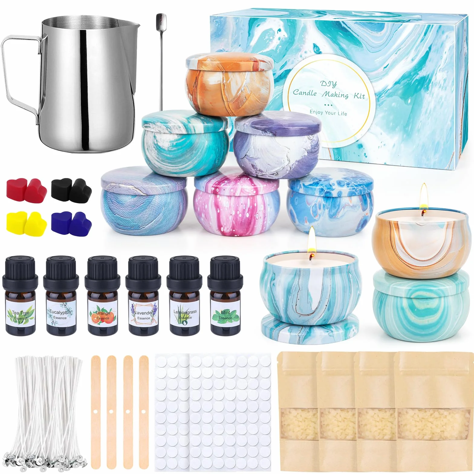 LDUMODUW Kit Candele Fai Da Te, 480g Di Cera D'Api, 9 Barattoli, 6 Olio Profumato, 8 Blocchi Di Colore, Pentola Per La Fusione Della Cera