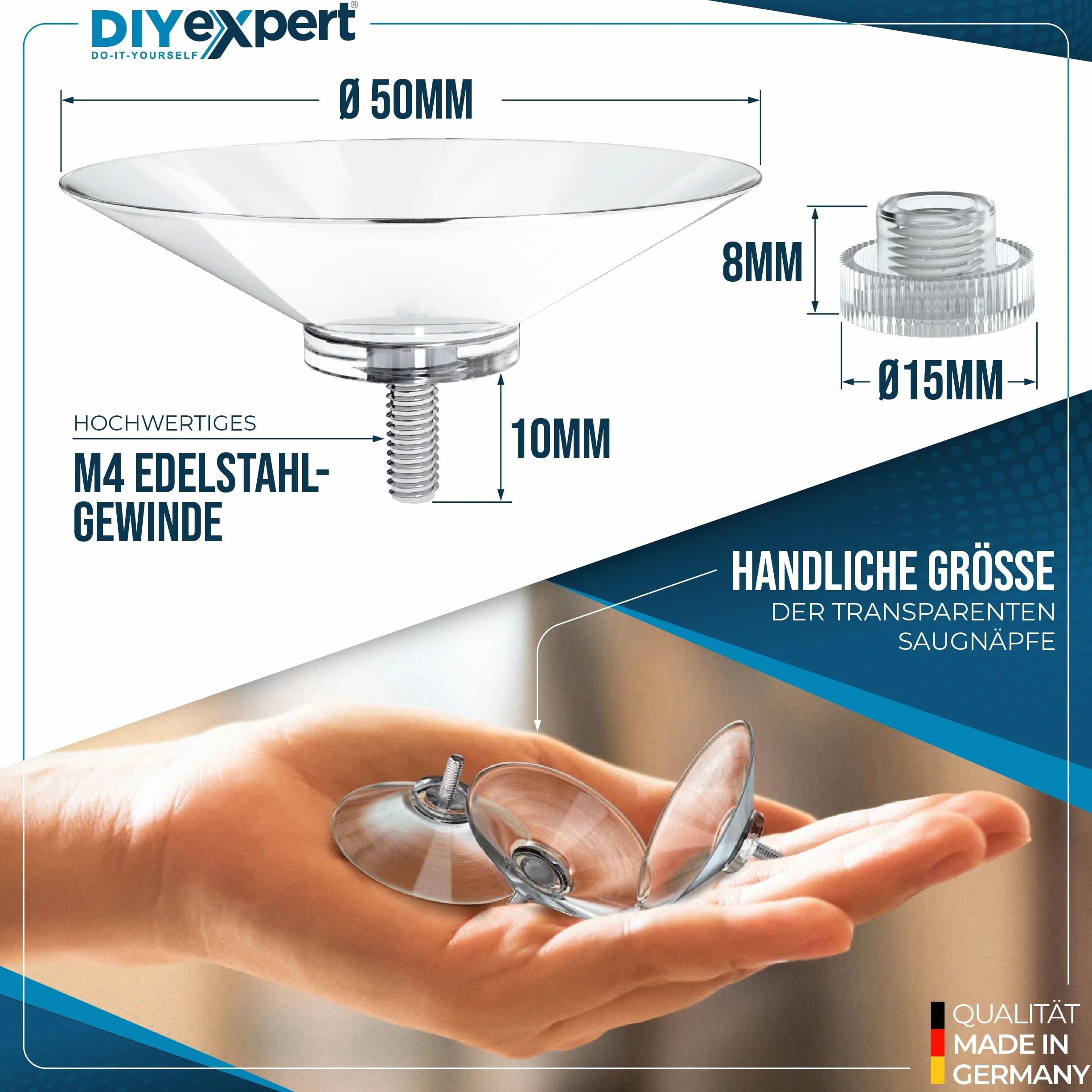 DIYexpert® - Ganci con Ventosa, Diametro 50 mm, con Filettatura M4 x 10 mm, 12 Pezzi, con Dadi zigrinati Trasparenti, Realizzati in Germania