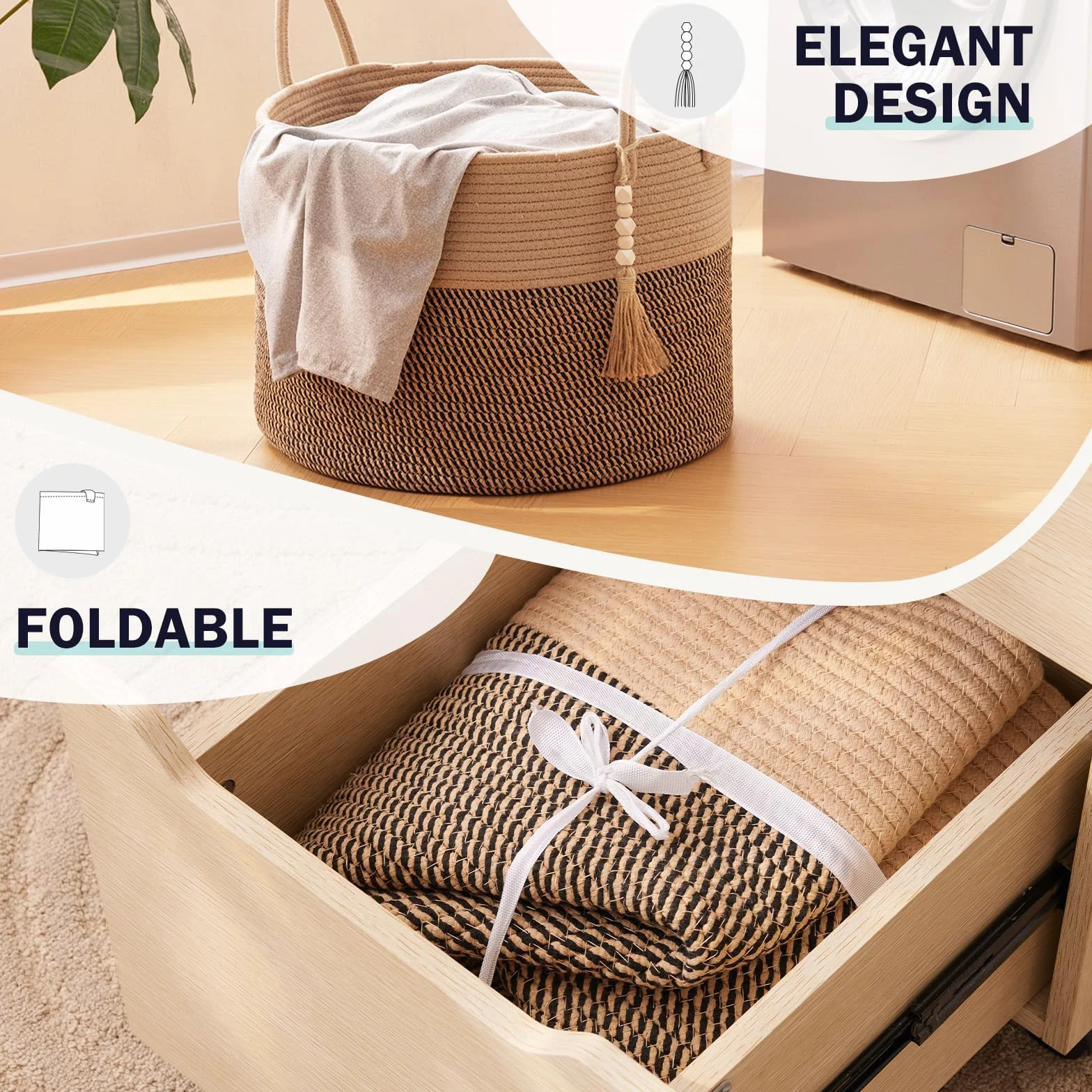 YOUDENOVA Cesto portabiancheria con perline decorative in legno, cestino portaoggetti per giocattoli per bambini, cestino per coperte in corda di cotone grande, cestino portaoggetti intrecciato