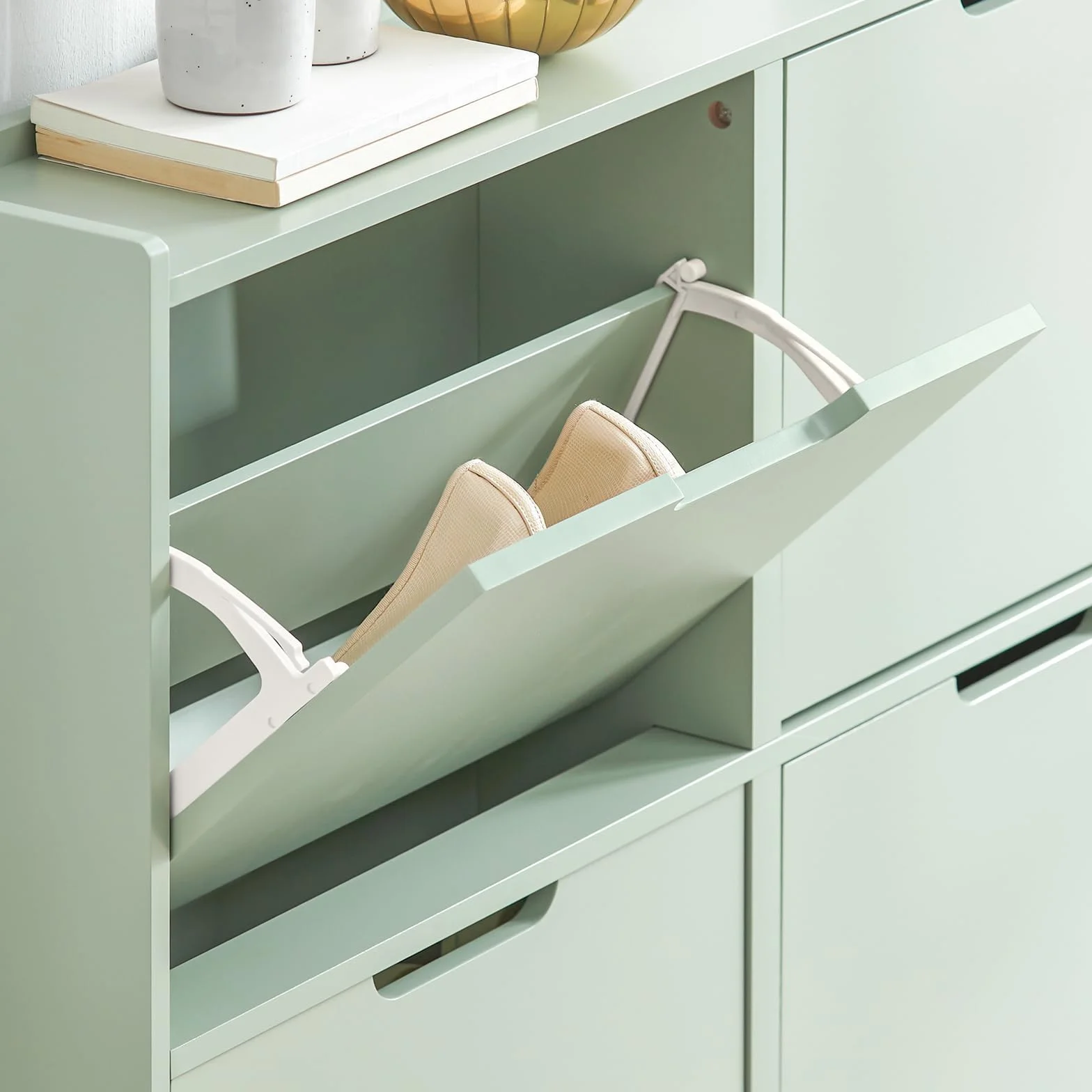 SoBuy Scarpiera Salvaspazio Slim da Ingresso Mobile Portascarpe con 4 Ante a Ribalta Regolabili in Legno Armadio Scarpiera Alta e Stretta per Corridoio, 100x19x91 cm，Verde Chiaro, FSR100-GR