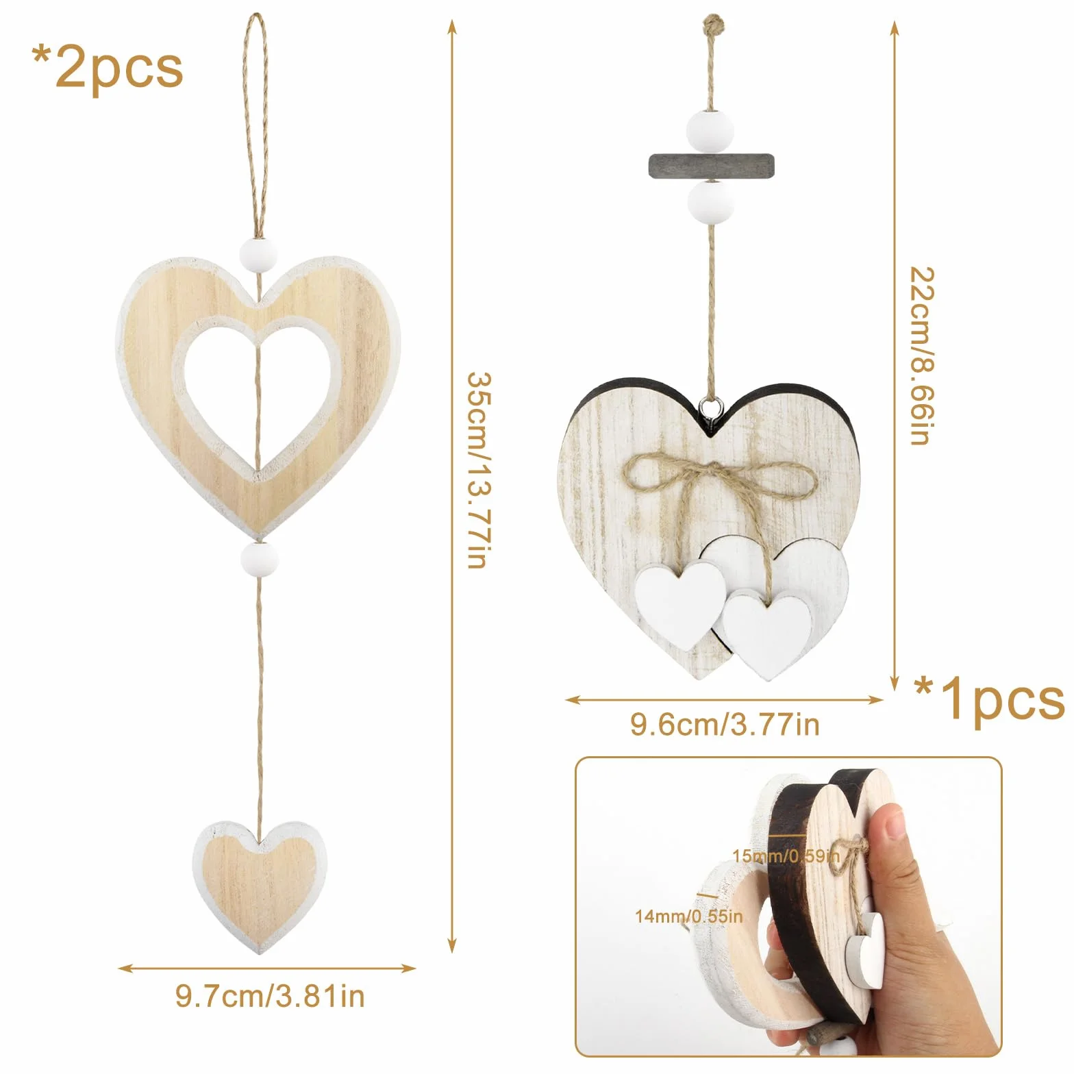 Decorazioni da Finestra in Legno a Forma di Cuore 3 Pezzi da Appendere per Pareti Porte Finestre Balconi