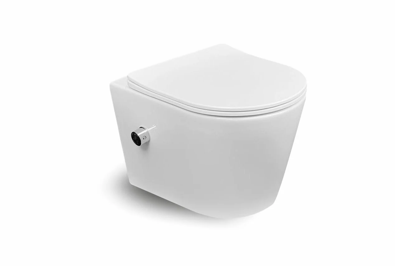 WC Sospeso con Funzione Bidet Integrata (Acqua Calda & Fredda) – Catino da Toilette Rotondo con Abattente Ultra Sottile a Chiusura Rallentata, WC Giapponese Galleggiante in Ceramica (Bianco