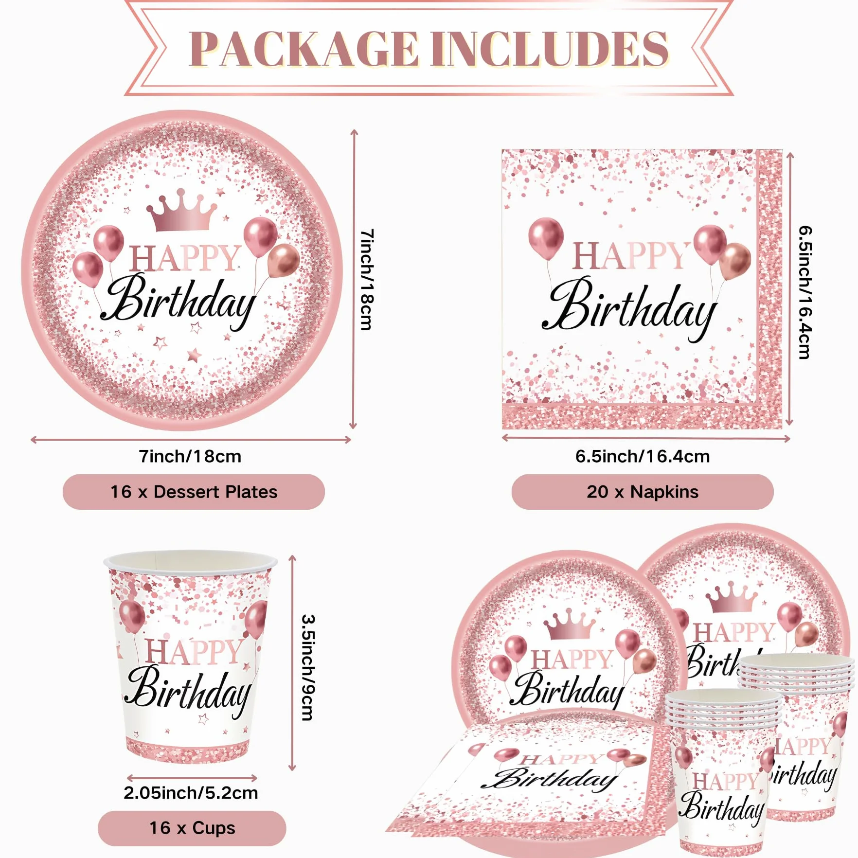 Happy Birthday Set per feste 16 ospiti Oro rosa Piatti bicchieri tovaglioli compleanno