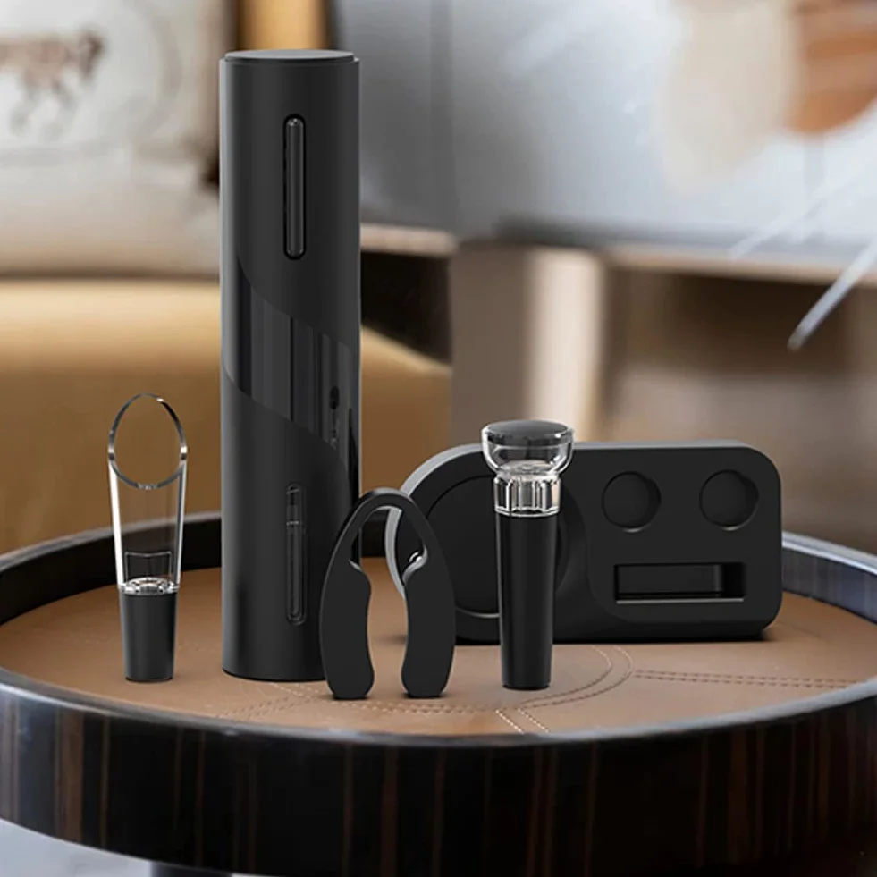 Cavatappi Elettrico per Vino, Set di Apribottiglie Elettrico 6 In 1 con Base, Taglierina, Versatore, Tappo in Silicone per Vuoto, Linea di Ricarica USB