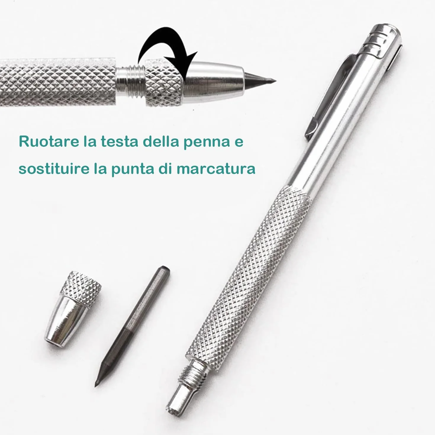 Penne Scriber Professionali (4 Pezzi), Punta in Carburo di Tungsteno, per Incisione Precisa su Acciaio Inox, Vetro, Ceramica, con Clip e Magnete (Argento)