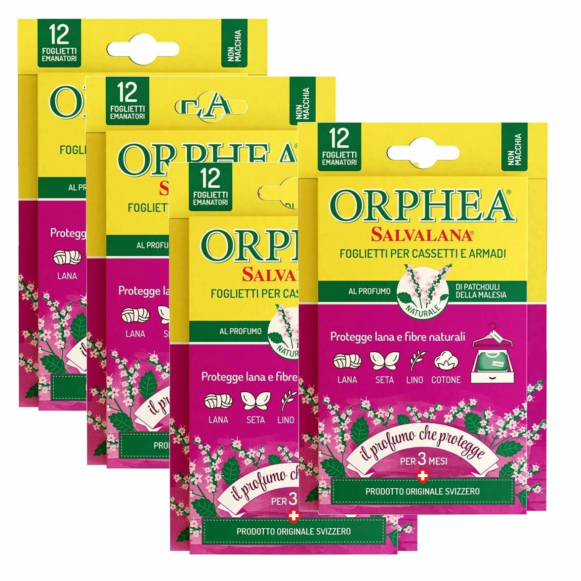 Orphea Salvalana Foglietti per Cassetti e Armadi, Protegge Lana e Vestiti Tutta la Stagione, Profumo di Patchouli della Malesia, 12 Foglietti Emanatori, Multipack 4 Confezioni