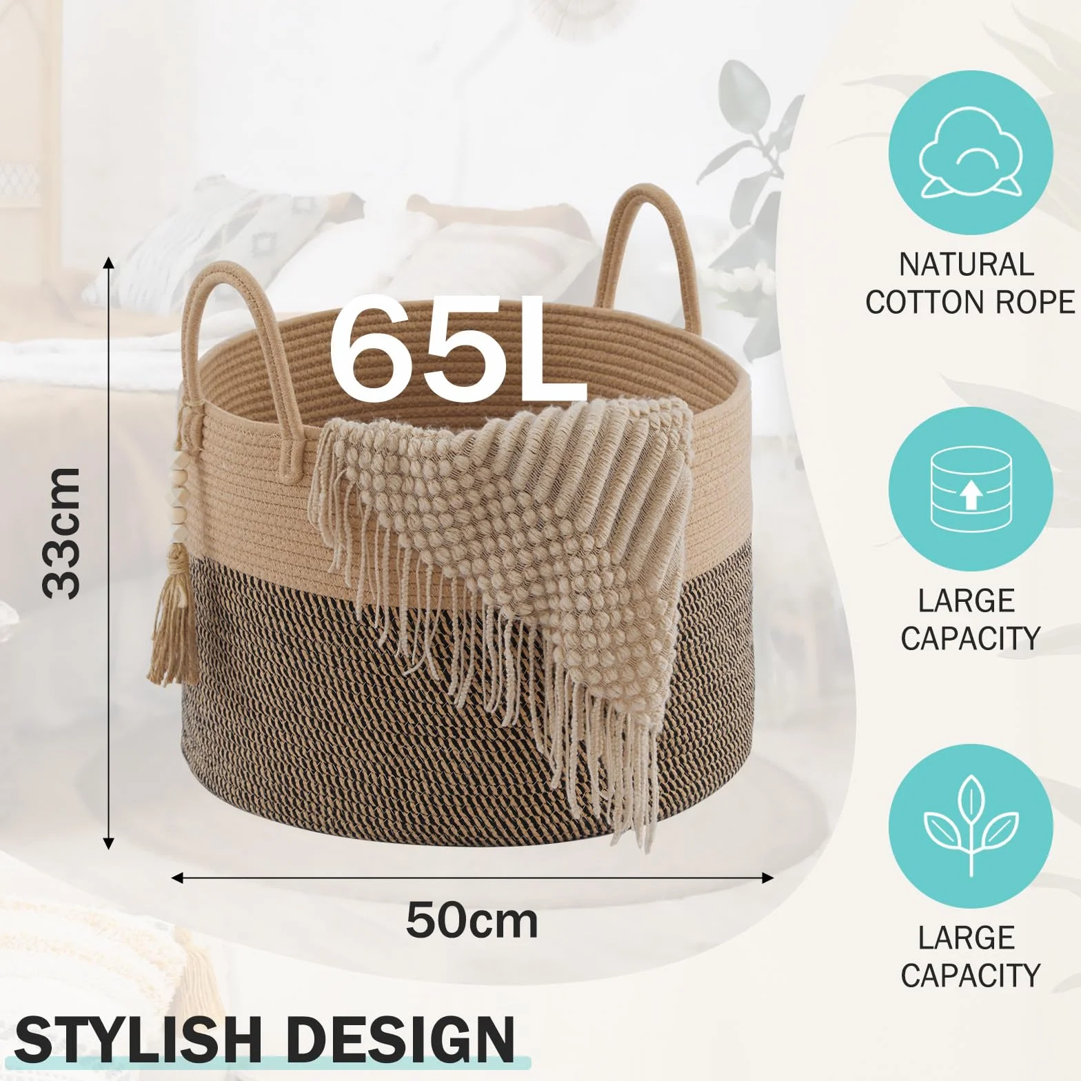 YOUDENOVA Cesto portabiancheria con perline decorative in legno, cestino portaoggetti per giocattoli per bambini, cestino per coperte in corda di cotone grande, cestino portaoggetti intrecciato