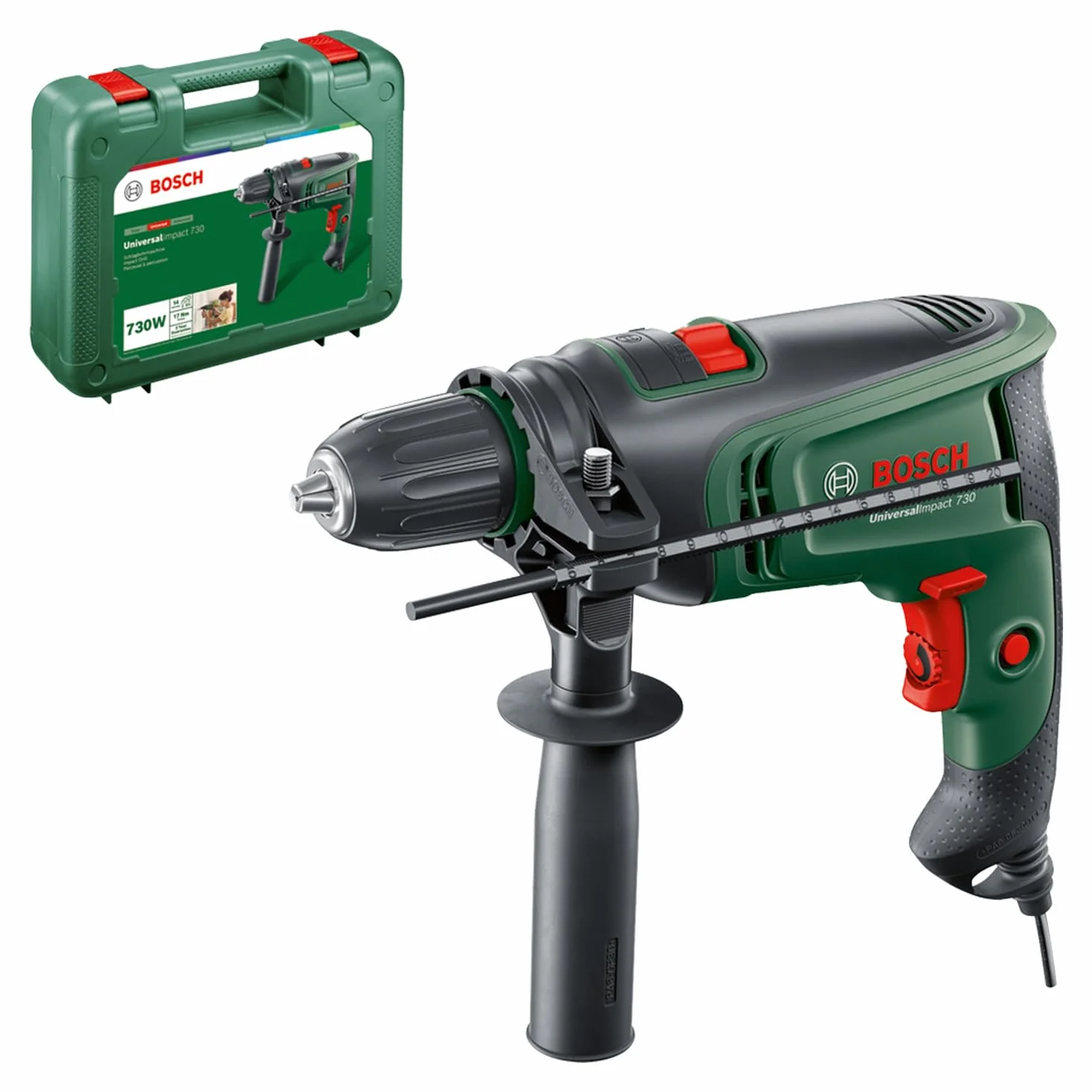 Bosch Home and Garden Trapano battente elettrico UniversalImpact 730 (foratura di precisione in muratura, legno e acciaio; motore da Watt; custodia per il trasporto)