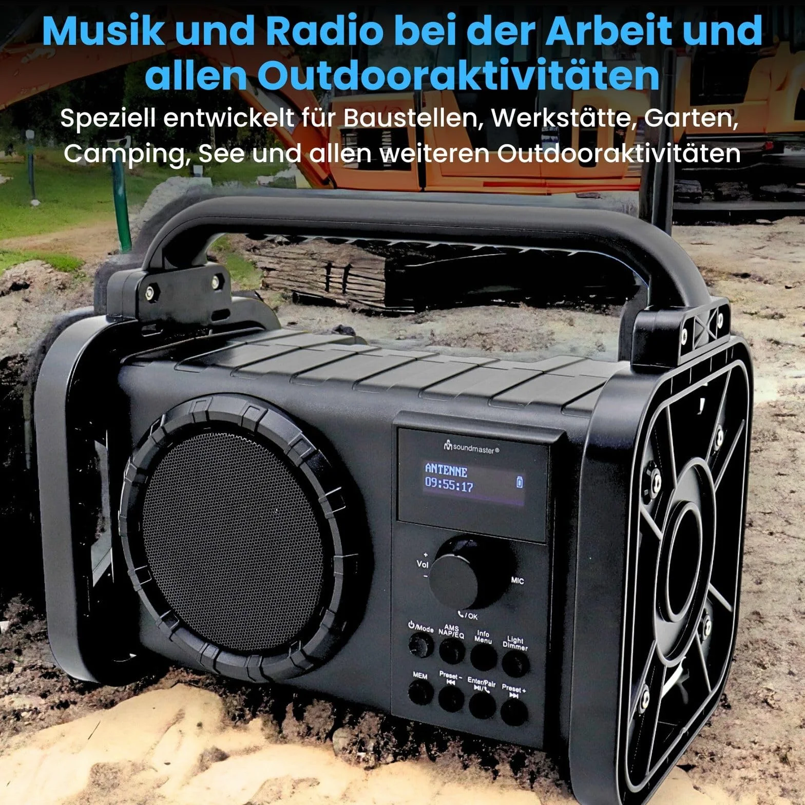 Soundmaster Radio DAB80SW da cantiere con DAB+ FM Bluetooth e batteria agli ioni di litio IP44, resistente alla polvere e agli spruzzi d'acqua, Nero