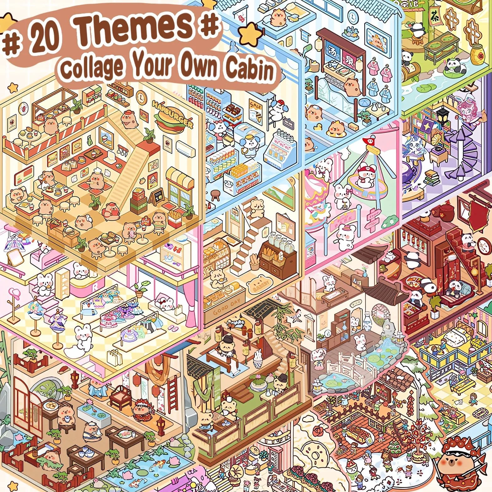 20 Set Adesivi 3D per Scena in Miniatura, Libro DIY Sticker Scene Casa, Scene Carine Café Libreria Parco, Adesivi Fai da Te per Adulti e Principianti con Pinzette, Sticker Therapy Antistress Creativa