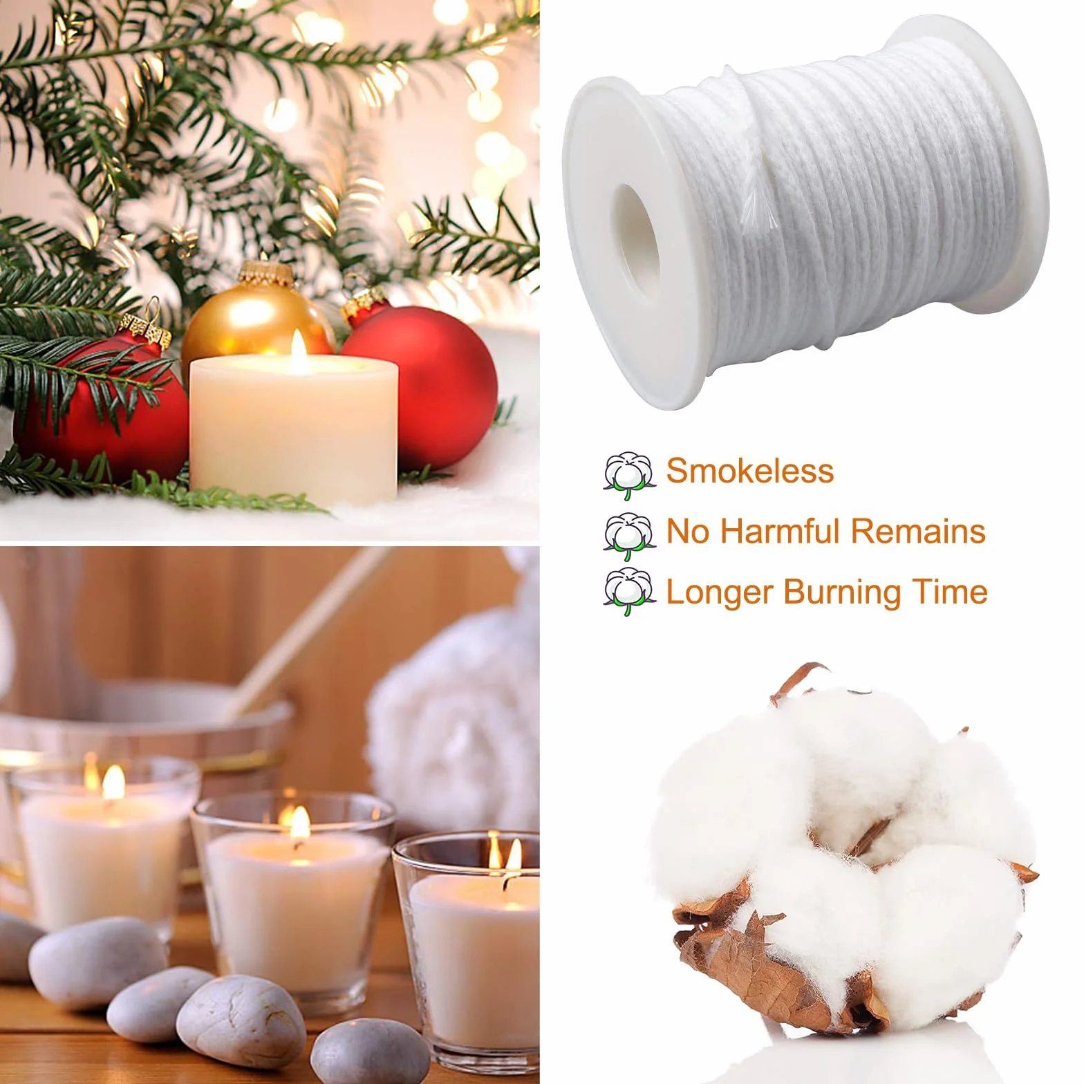 Stoppini per Candele, 3 Rotoli 200 ft/ 61 m Stoppini di Cotone Naturale per Candele fai da te, Candela Forniture Candela Fai da te Artigianato