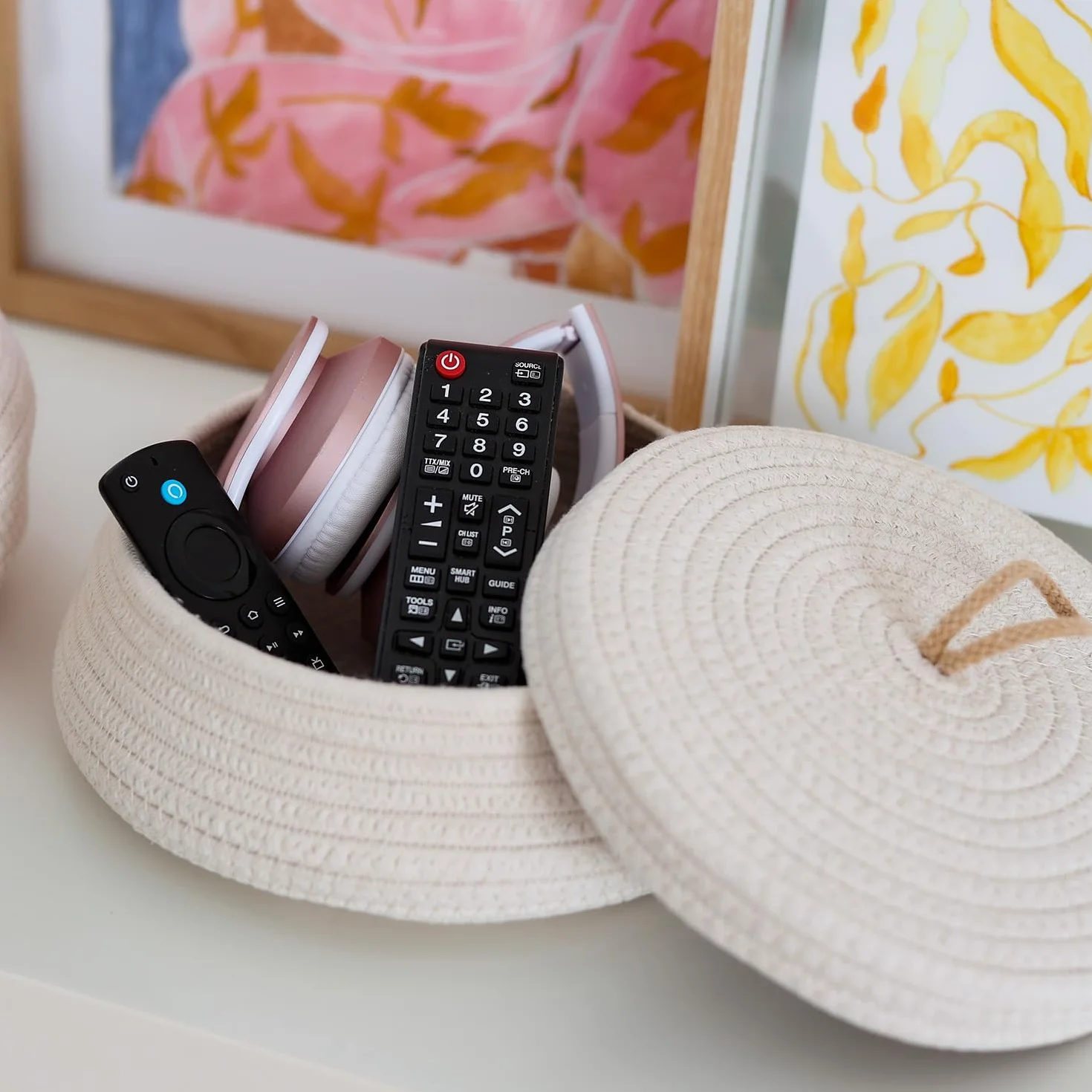 HMF Cesto portaoggetti rotondo per il bagno, con coperchio in cotone, altezza 25,5 x 19 cm, colore crema