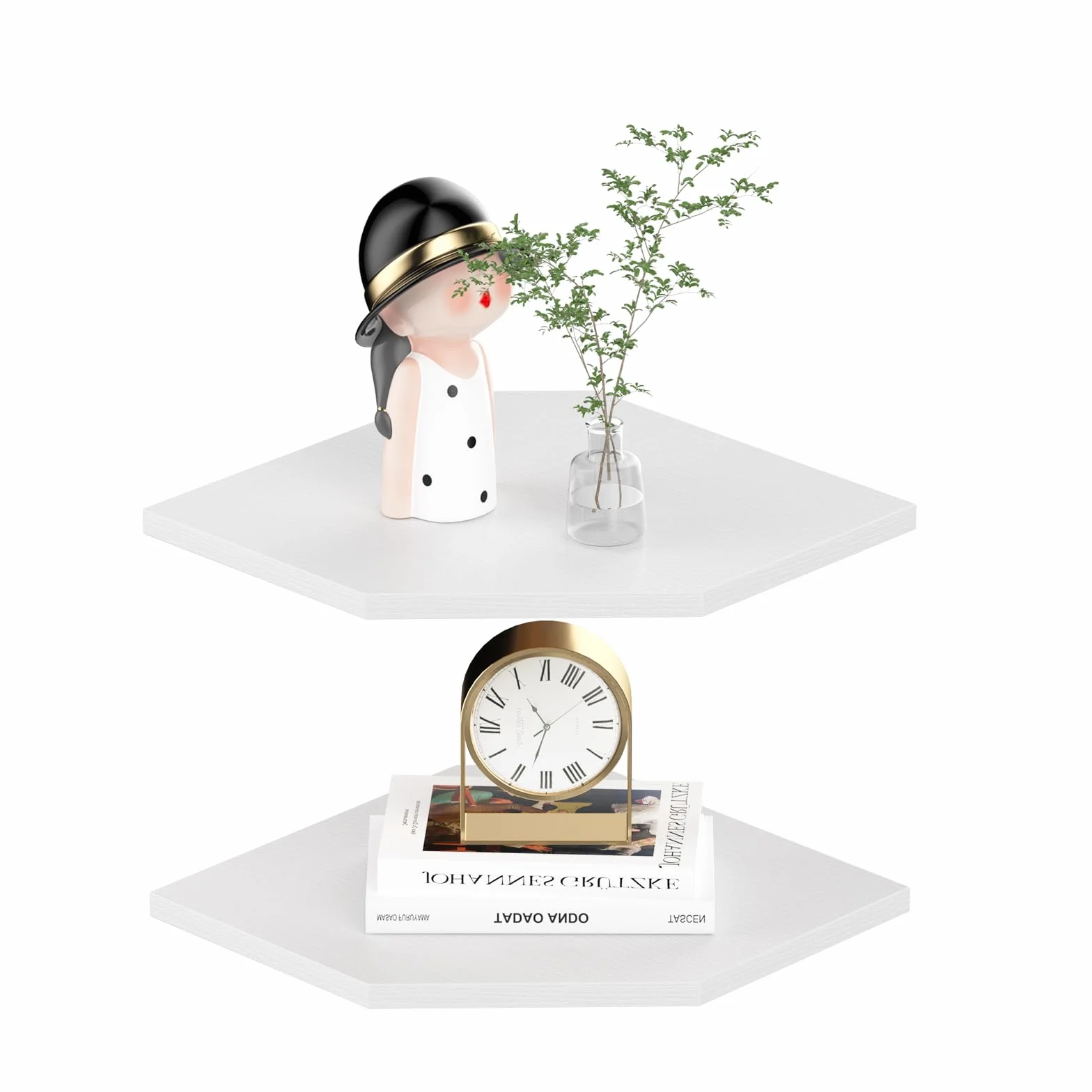 JJL Set di 2 Mensole Angolari da 30 cm, da Parete, con Foro per Filo, 33,7 cm di Profondità, Mensole da Parete per Decorazione Angolo Parete del Soggiorno, Bianco