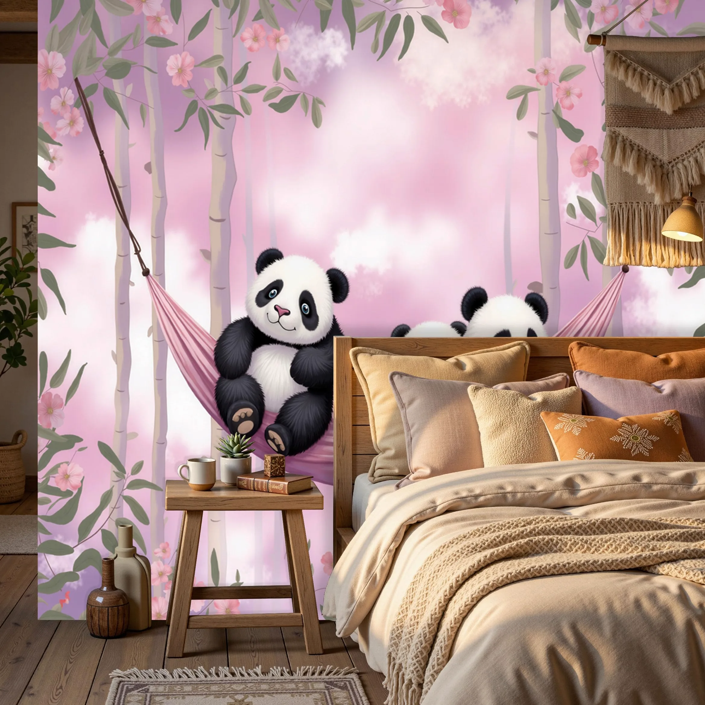 Carta da Parati no Adesiva Muro Fiori e nuvole Carta da Parati Camera da Letto Panda animale per Home DIY Decoration Wall no Adesiva rosa Muro 350x256cm