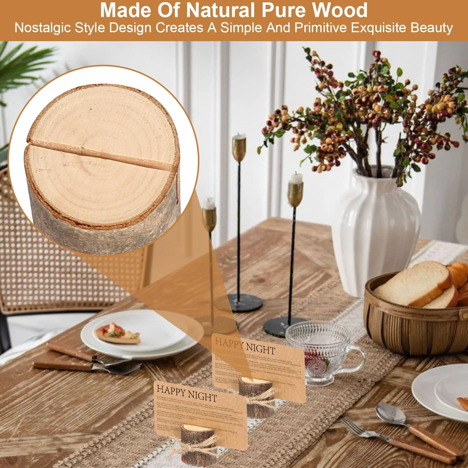 DELAESI 30 Pezzi Segnaposto in Legno Rustico Segnaposto da Tavolo in Legno Segnaposto con 30 Carte e 10m Corda Iuta Segnaposto Matrimonio Carta Titolari Portafoto per Matrimoni Ristoranti Banchetti