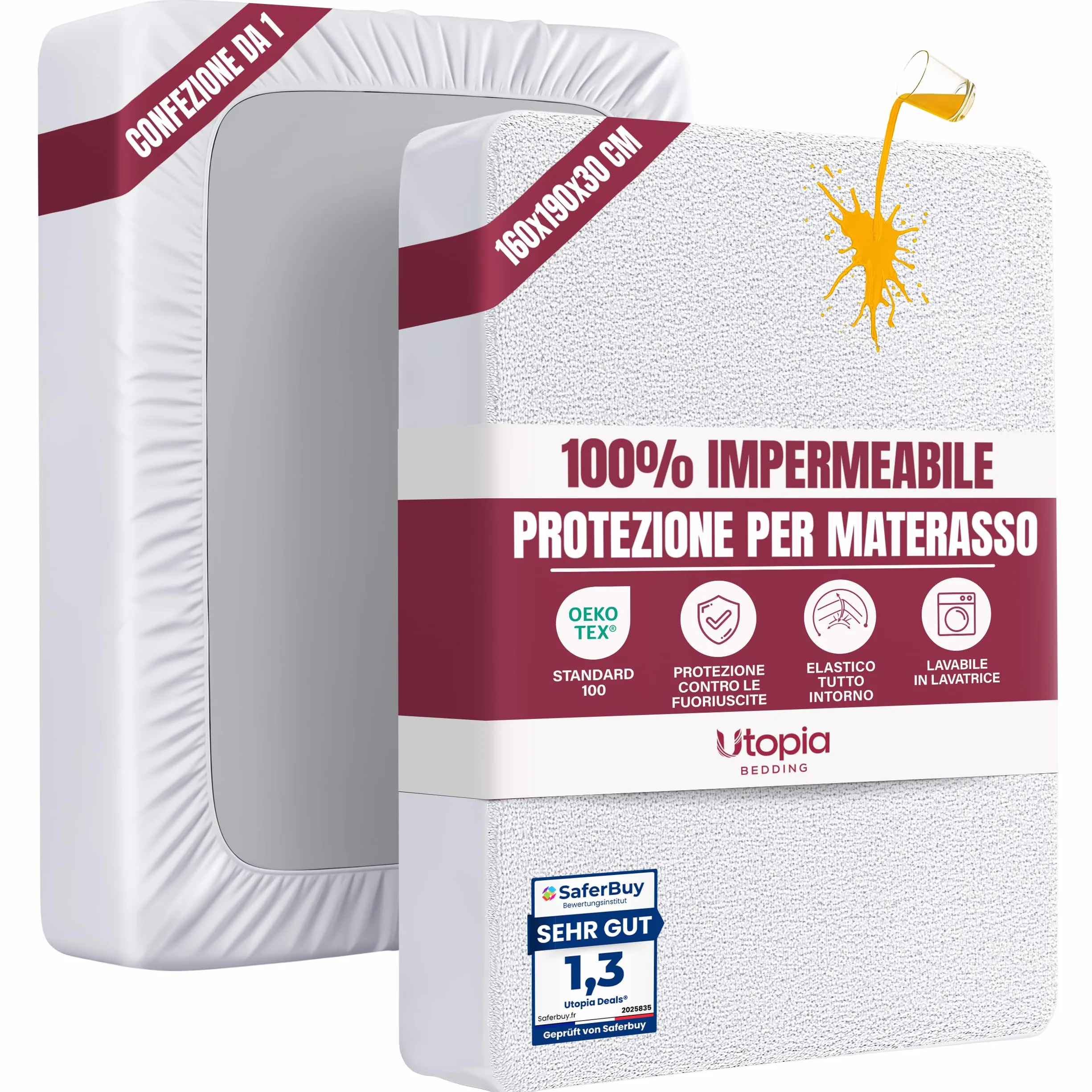Utopia Bedding Coprimaterasso Matrimoniale Impermeabile 160x190x30 cm OEKO-TEX