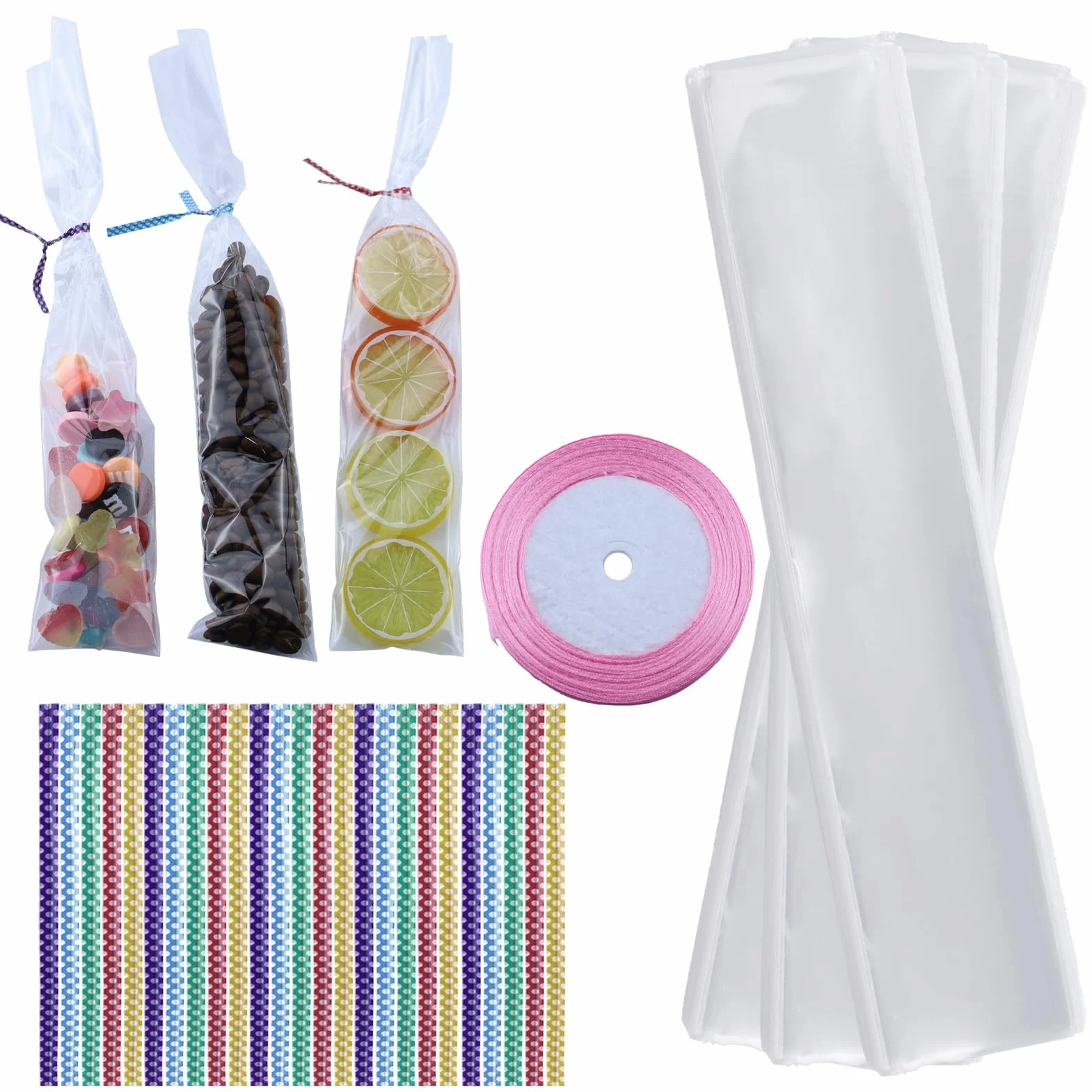 300 sacchetti di cellophane piccoli, sacchetti cellophane trasparenti, sacchetti trasparenti regalo, sacchetti regalo del sacchetti regalo con 300 cravatte Twist e 1 rotolo di cinghia