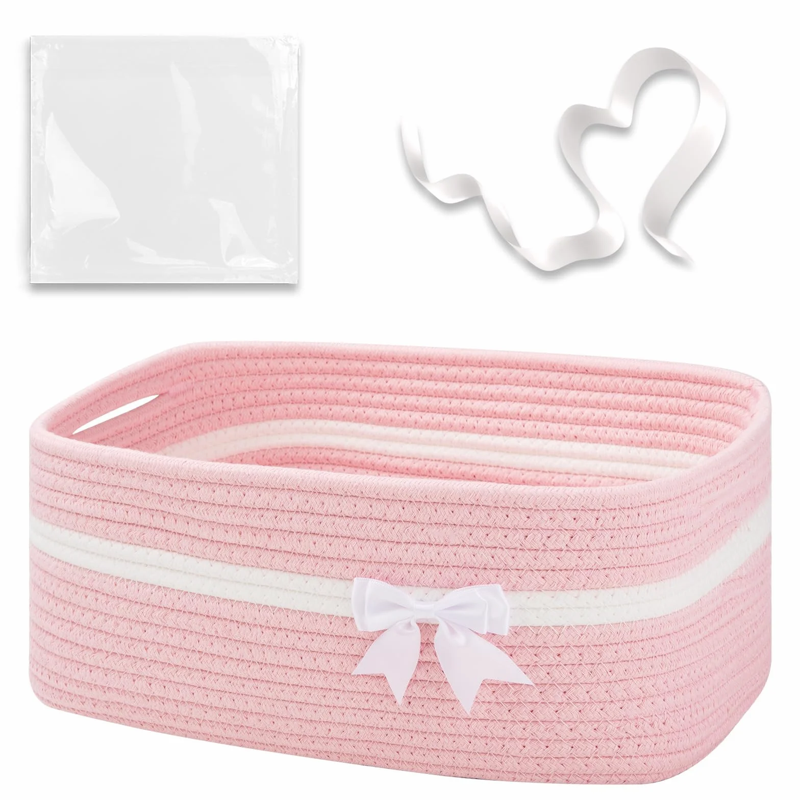 Cestino Portaoggetti Intrecciato Rosa con Fiocco Decorativo, Cesto Regalo Vuoto per Baby Shower, Compleanni, Pasqua, Cameretta, Fasciatoio – Cestino in Corda di Cotone con Manici, 34×15×25 cm