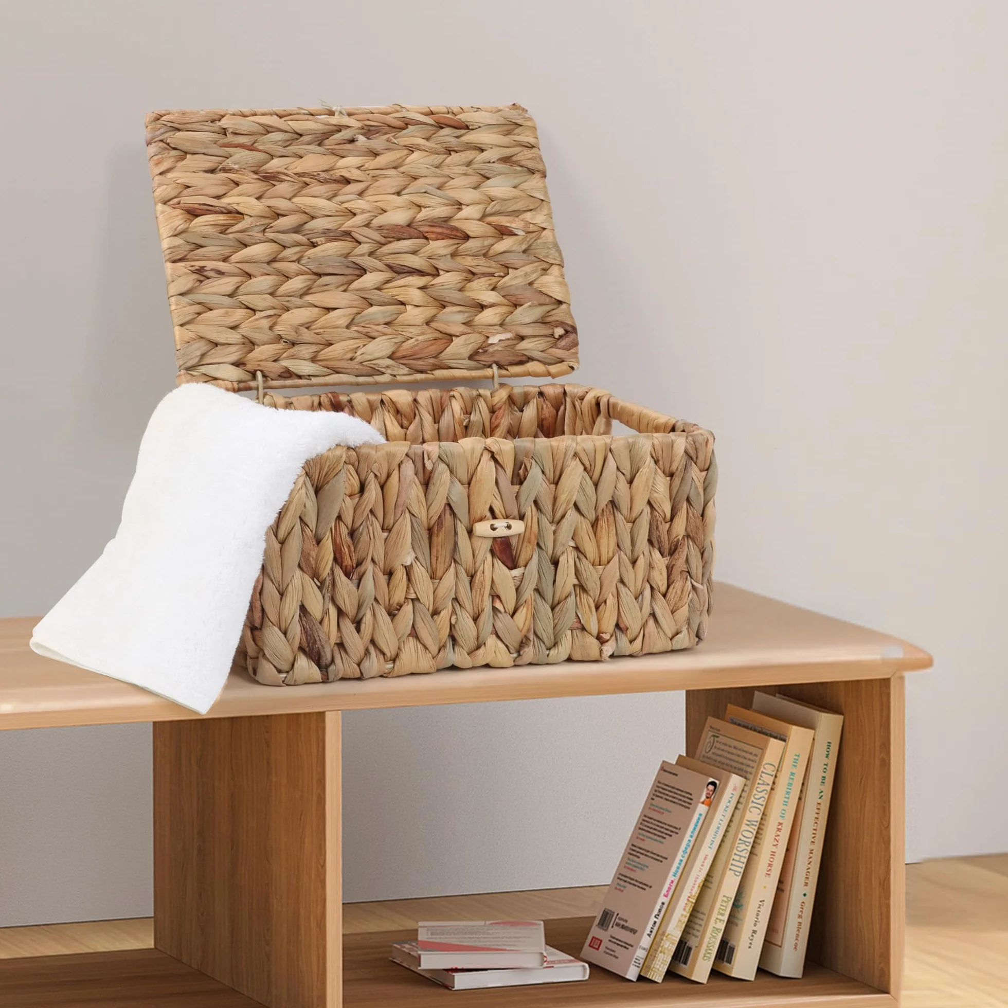 FEILANDUO - Cestini da scaffale in vimini con coperchio, cestini portaoggetti in alghe di mare, cestini portaoggetti rettangolari per casa e desktop (naturale, piccolo)