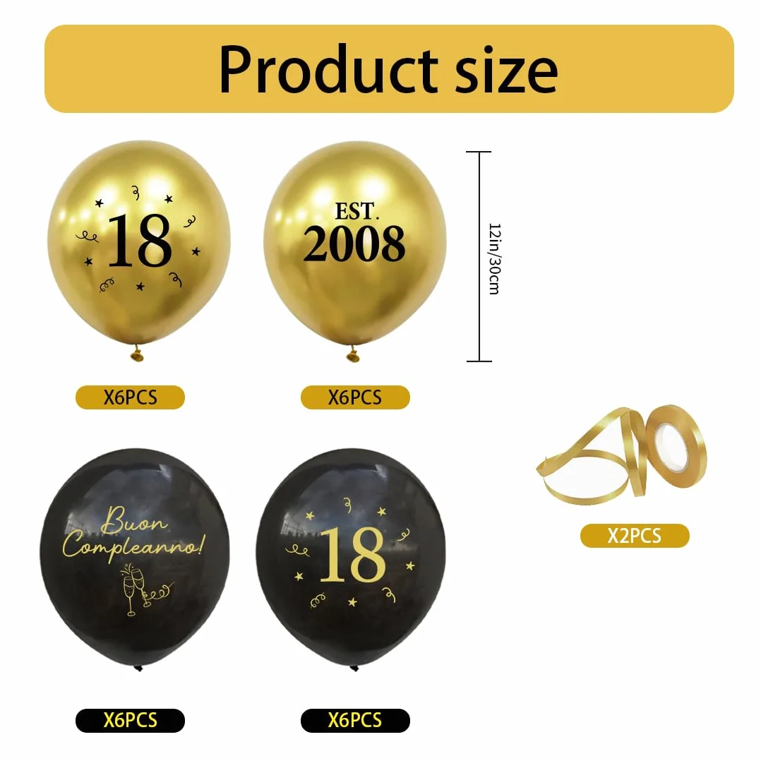 Decorazione per 18° Compleanno Nero Oro, Palloncini 18 Anni, 2008 Buon Compleanno Ragazzi Ragazze