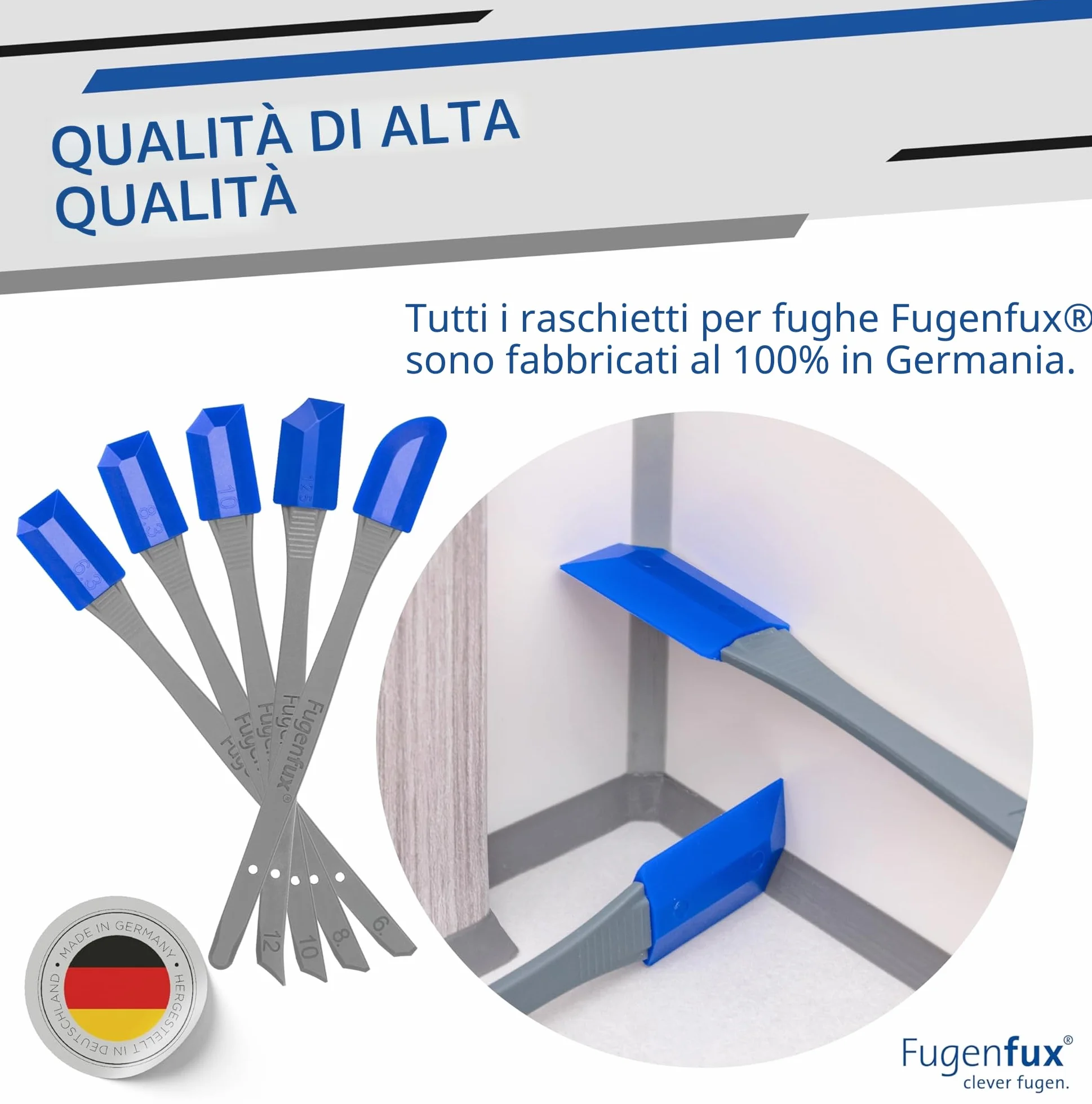 FUGENFUX® - Set di 5 raschietti per fughe con rivoluzionaria punta magica per punti estremamente stretti, 5 testine speciali ottimizzate, Made in Germany, per tutti i sigillanti