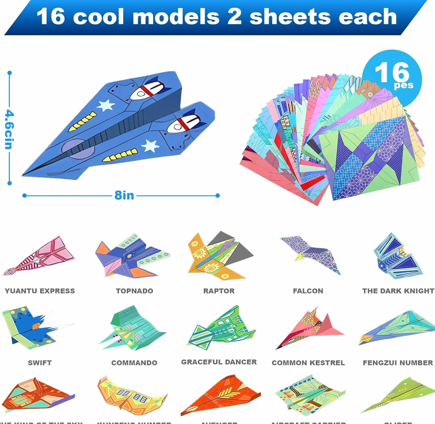 Carta Origami per Bambini, Kit aeroplanino di carta 32 Fogli Aerei di Carta da Piegare e Lanciare Doppia Faccia Fogli Colorati di 16 Bellissimi per Ragazzi e Ragazze dai 5,6 ai 12 Anni