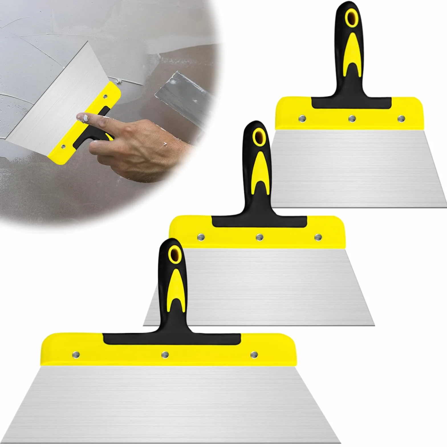 Set di 3 spatole larghe, 20 cm, 25 cm, 40 cm, professionale in acciaio inox, per intonacare pareti