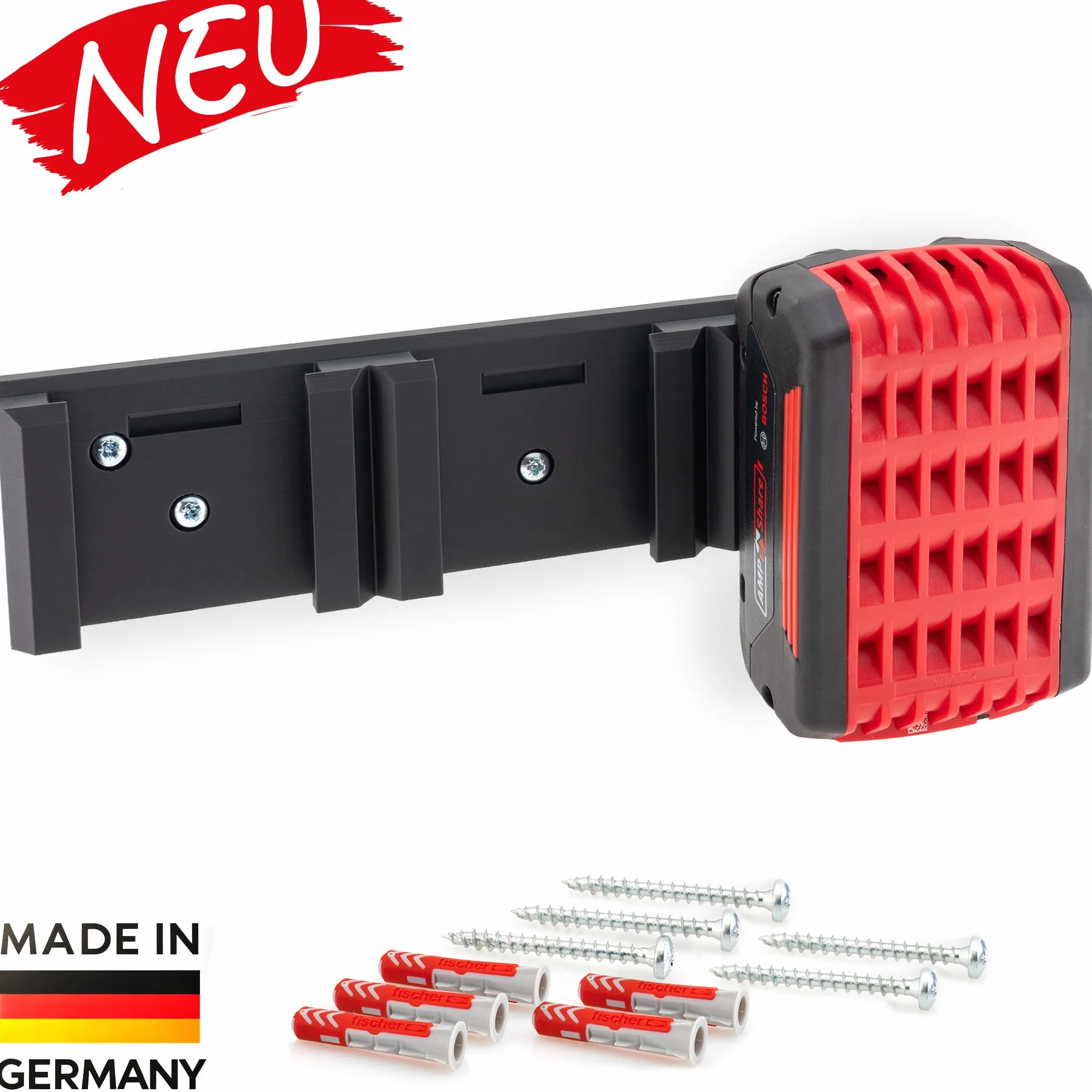 Supporto da parete per batterie Bosch Professional da 18 V e PowerCore, robusto supporto salvaspazio, per 3 batterie, 5 viti e 5 tasselli, facile da montare con funzione di bloccaggio [Made in Germay]