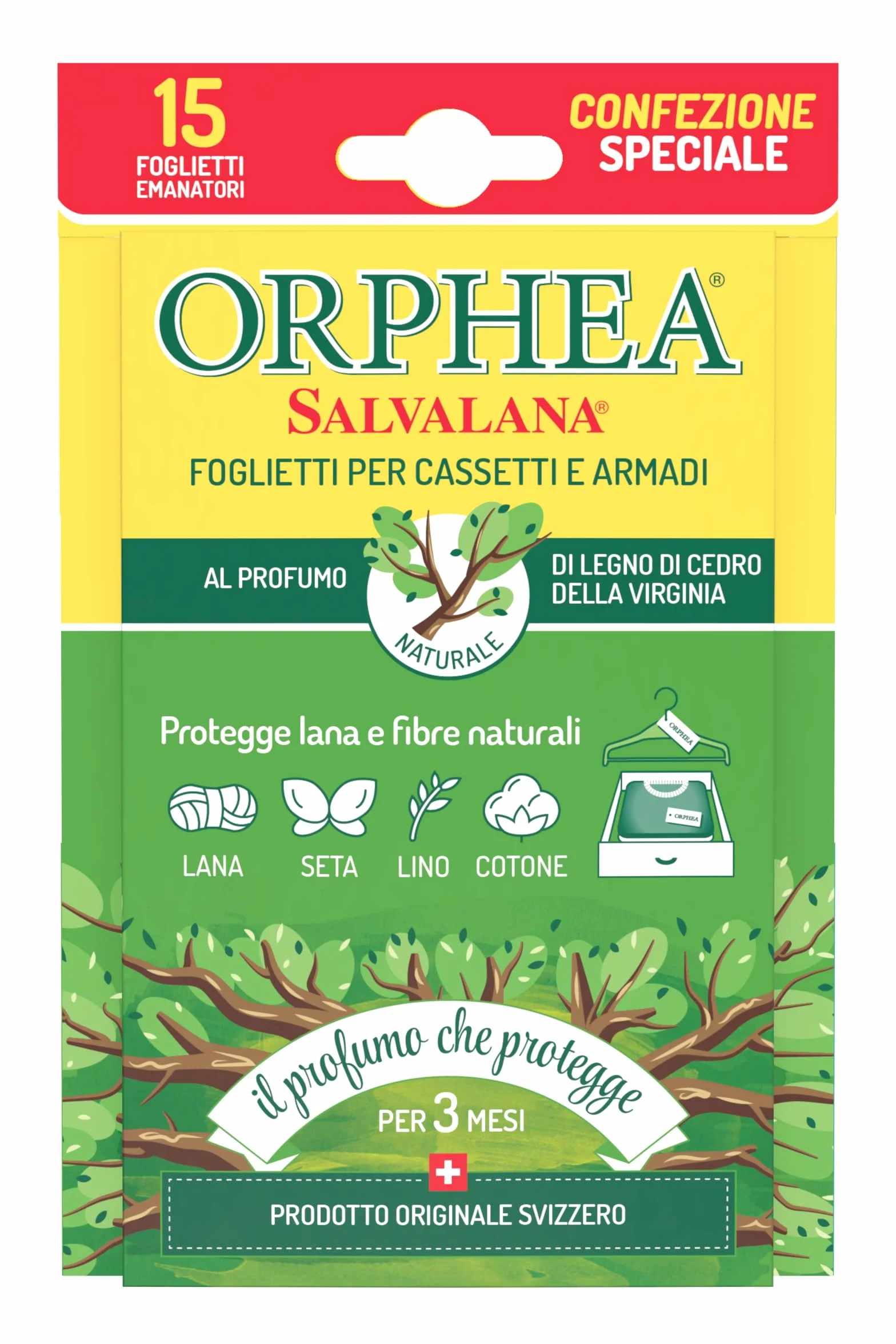 Foglietti per Cassetti e Armadi Orphea Salvalana, Profumo Legno di Cedro, 12 Settimane, 15 Foglietti
