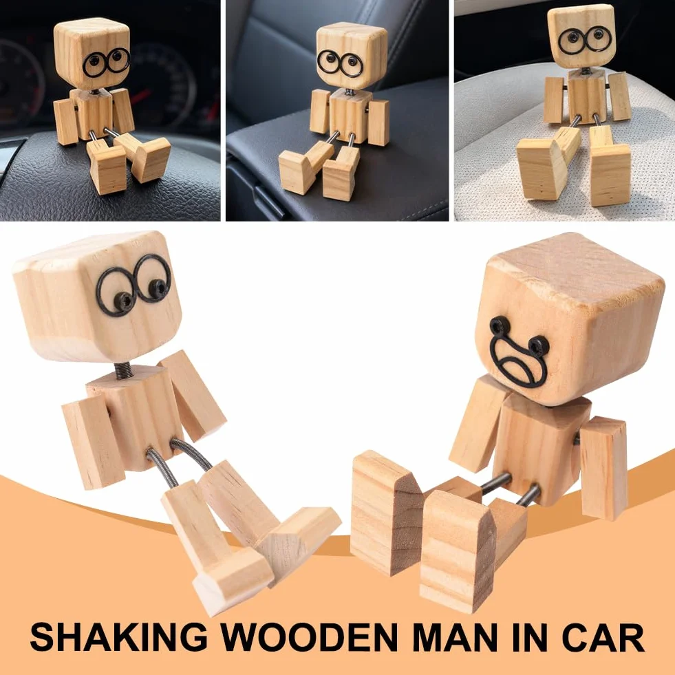 Vicloon Statuetta Uomo Legno Tremante Bambola Piedi Tremanti 12 Espressioni Accessori Cruscotto Auto Decorazione Scrivania Regalo Uomo Donna