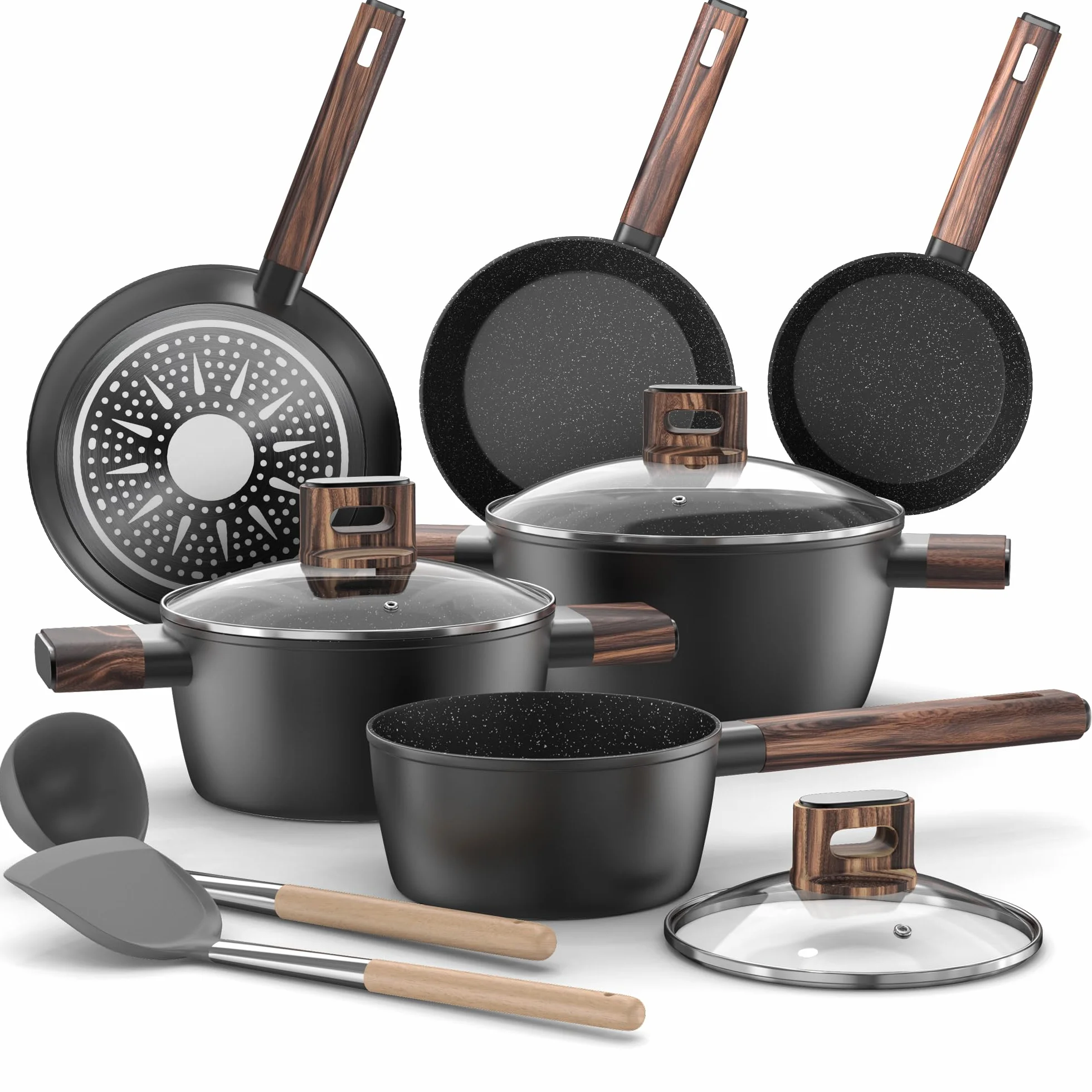 Set Pentole Induzione - 11 Pcs Batteria Pentole e Padelle Antiaderenti Per Tutti i Piani Cottura, Padella da 20/28cm, Padella da 24cm, Pentola da 16/20/24cm con Coperchi, Senza PFOA e PFOS Topbooc