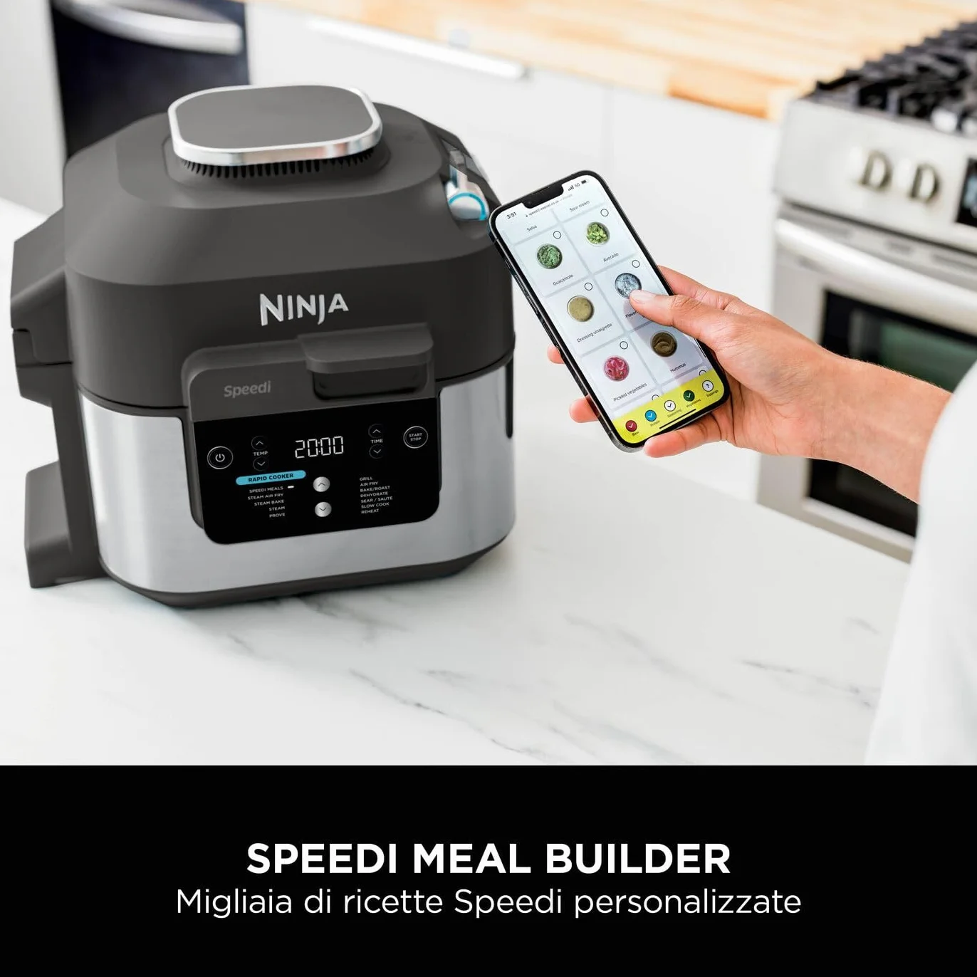 Ninja Speedi Pentola Elettrica Rapida 10 in 1, Friggitrice ad Aria, 5,7 l, Pasti per 4 in 15 Minuti, Frittura ad Aria e Cottura al Vapore, Idea Regalo Natale, Nero, ON500EU