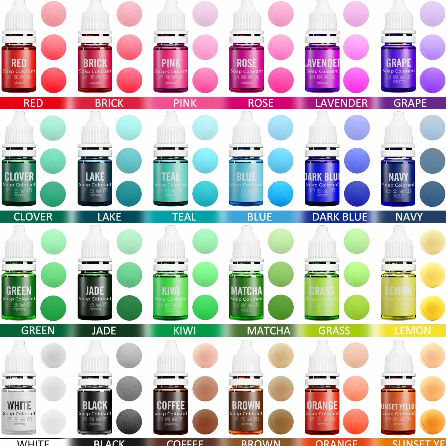 Colorante per Saponi - 24 Colori Coloranti per Sapone Liquido per Produzione di Sapone, Bombe da Bagno - Colorante di Bombe da Bagno concentrato per Saponi Fatti a Mano Fai Da Te, Soaps, Creazioni
