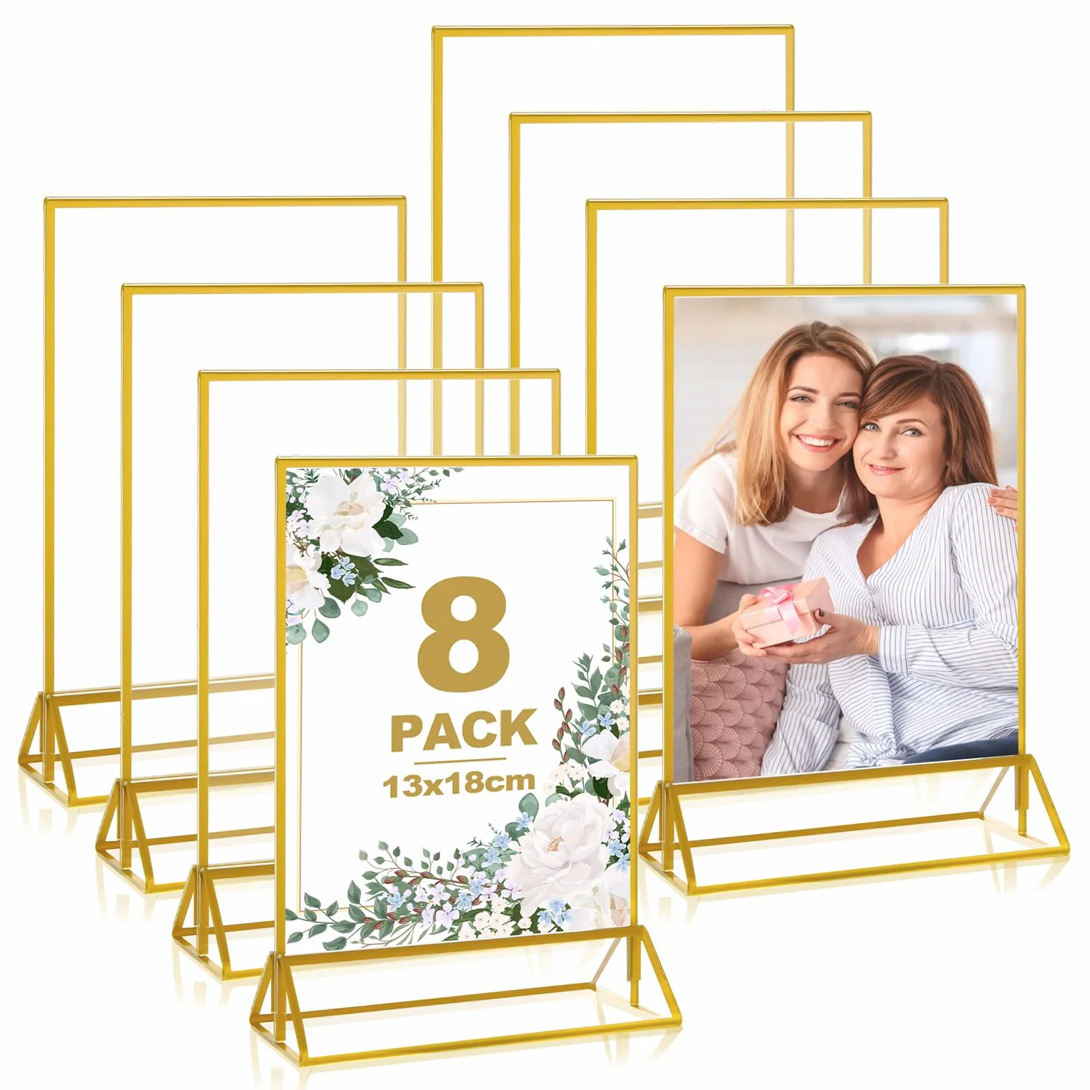 DAJAVE 8 Pezzi Cornici per Foto in Acrilico Dorato a Doppia Faccia A6, 13x18CM Porta Segnaletica in Acrilico Trasparente con Bordo Dorato, per Numeri Verticale Segna Tavolo Matrimonio e Altro