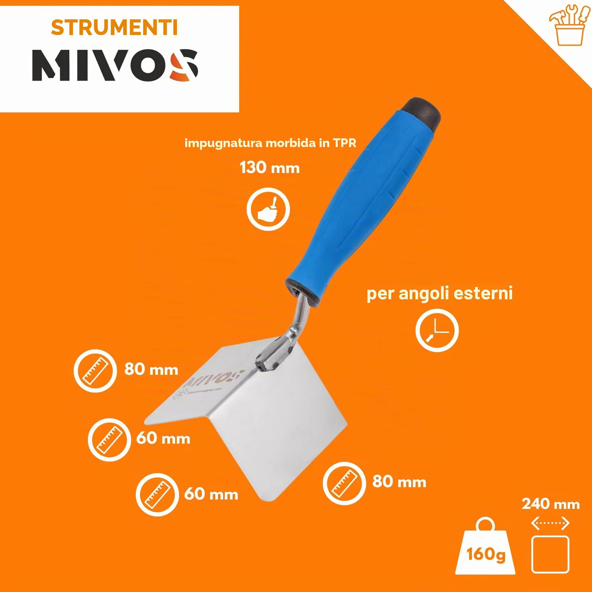 Mivos 2x Cazzuola Angolare Antiruggine 80 x 60 mm - Cazzuola Angolare Interna ed Esterna in Acciaio Inox - Spatole Angolari per Bordi Interni ed Esterni con Impugnatura Morbida - Spatola Angolare