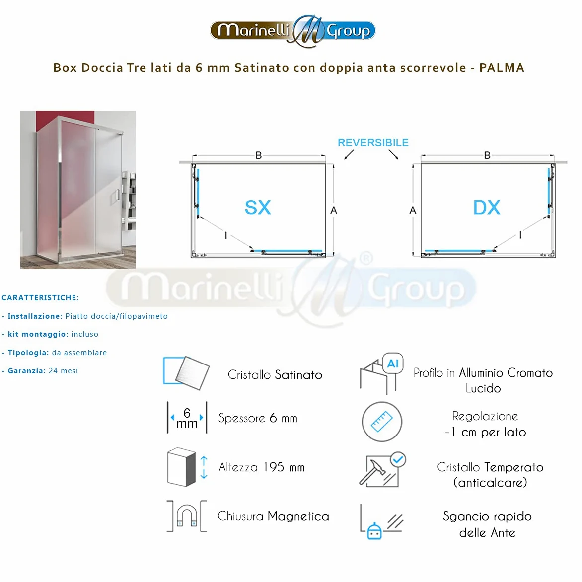 Box doccia cabina 3 tre lati 80x100x80 cm porta scorrevole vetro anticalcare opaco 6mm. Palma
