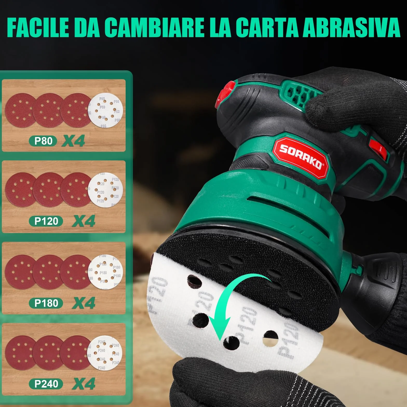 SORAKO Levigatrice Orbitale 350W 6 Velocità Regolabili con Raccolta Polvere e Carta Vetrata