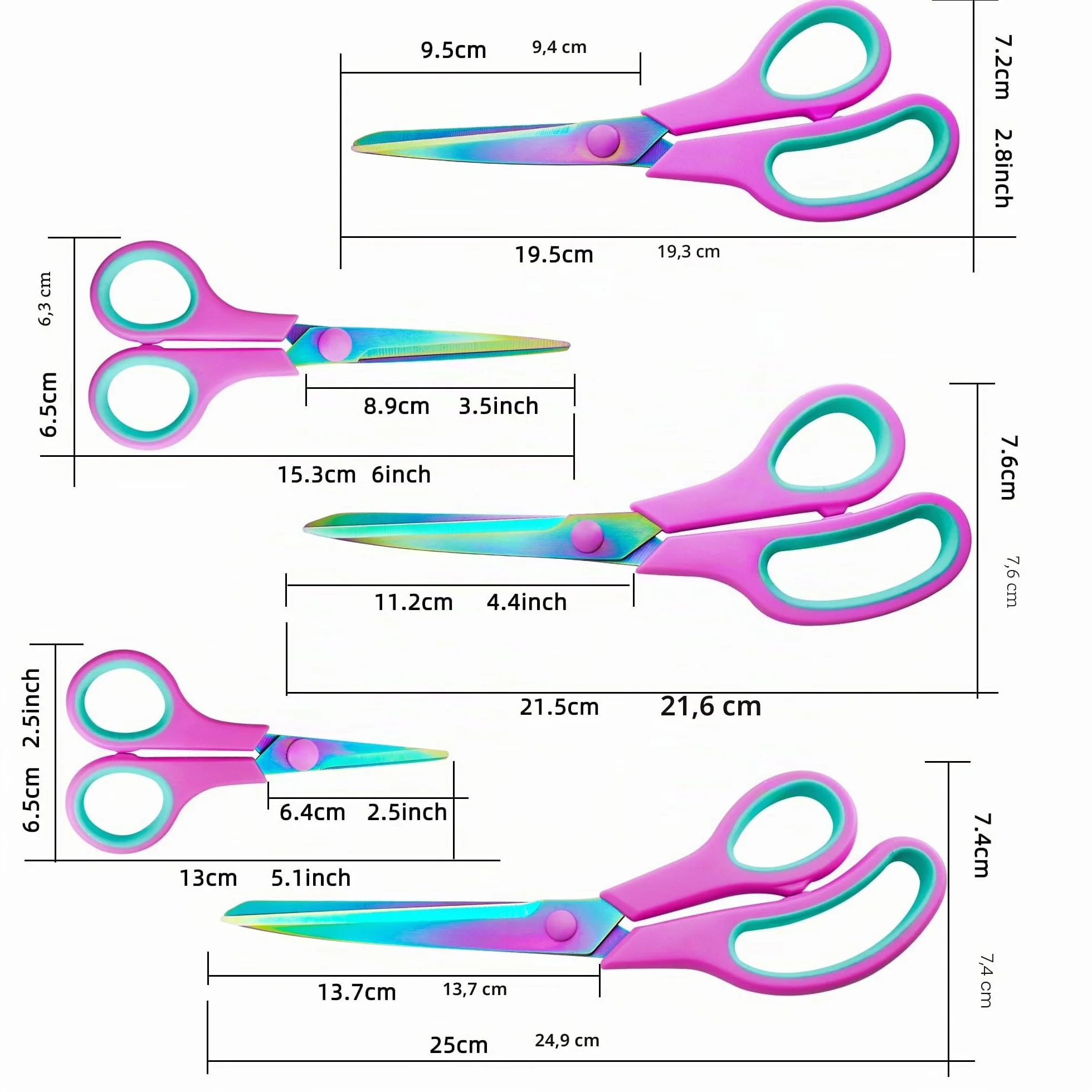 CCR Set di 5 forbici multiuso – Lame in titanio di qualità superiore, manici confortevoli, forbici per tessuti versatili, per ufficio, cucito, scuola e casa (viola)